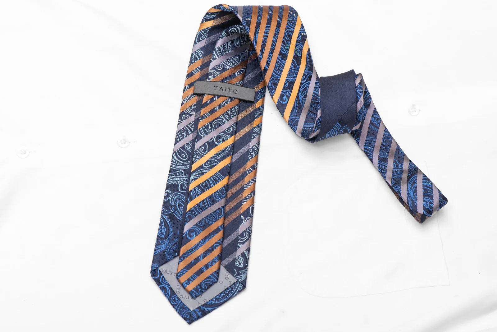 Orange Striped On Blue Paisley Rhinestone Silk Necktie With Blue Sparkles - Image 4
