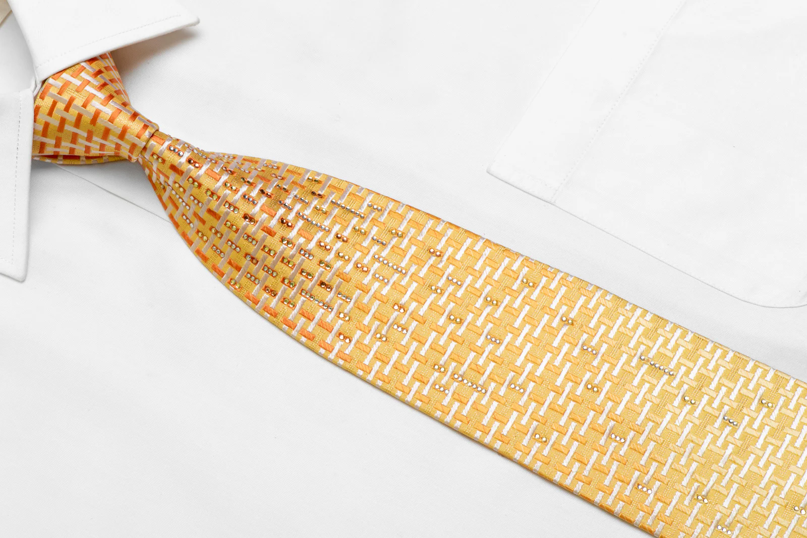 Orange White Trellis On Yellow Rhinestone Silk Necktie - Image 2