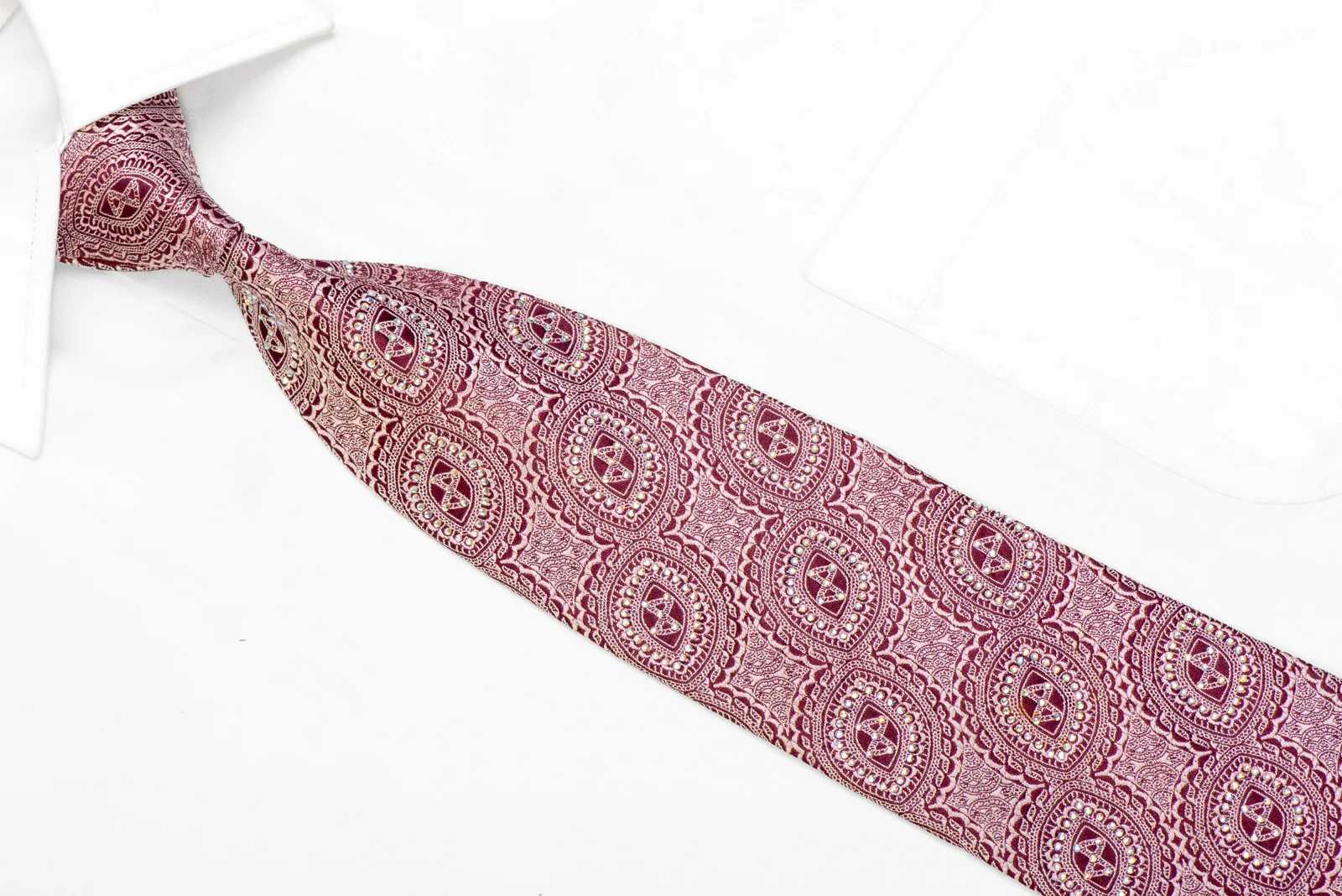 Ornate Pattern On Burgundy Rhinestone Silk Tie - Image 2