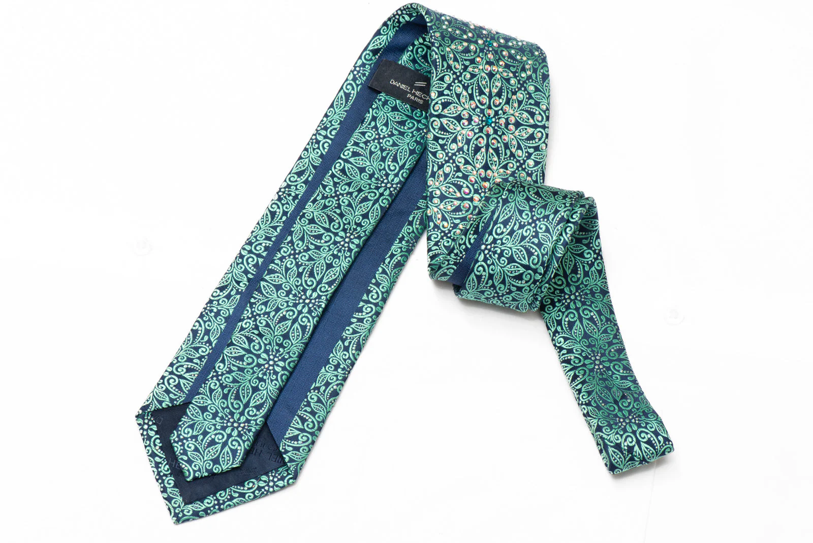 Ornate Turquoise Floral On Blue Rhinestone Silk Necktie With Silver Sparkles - Image 4