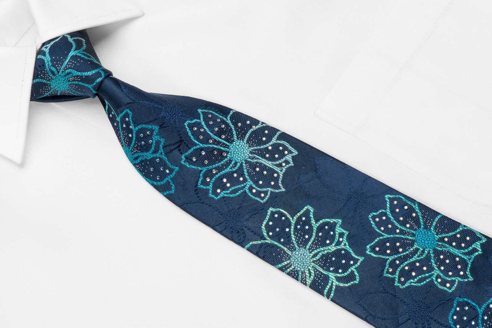 OVO Classic Men's Crystal Silk Necktie Floral On Blue With Silver Sparkles - Image 3