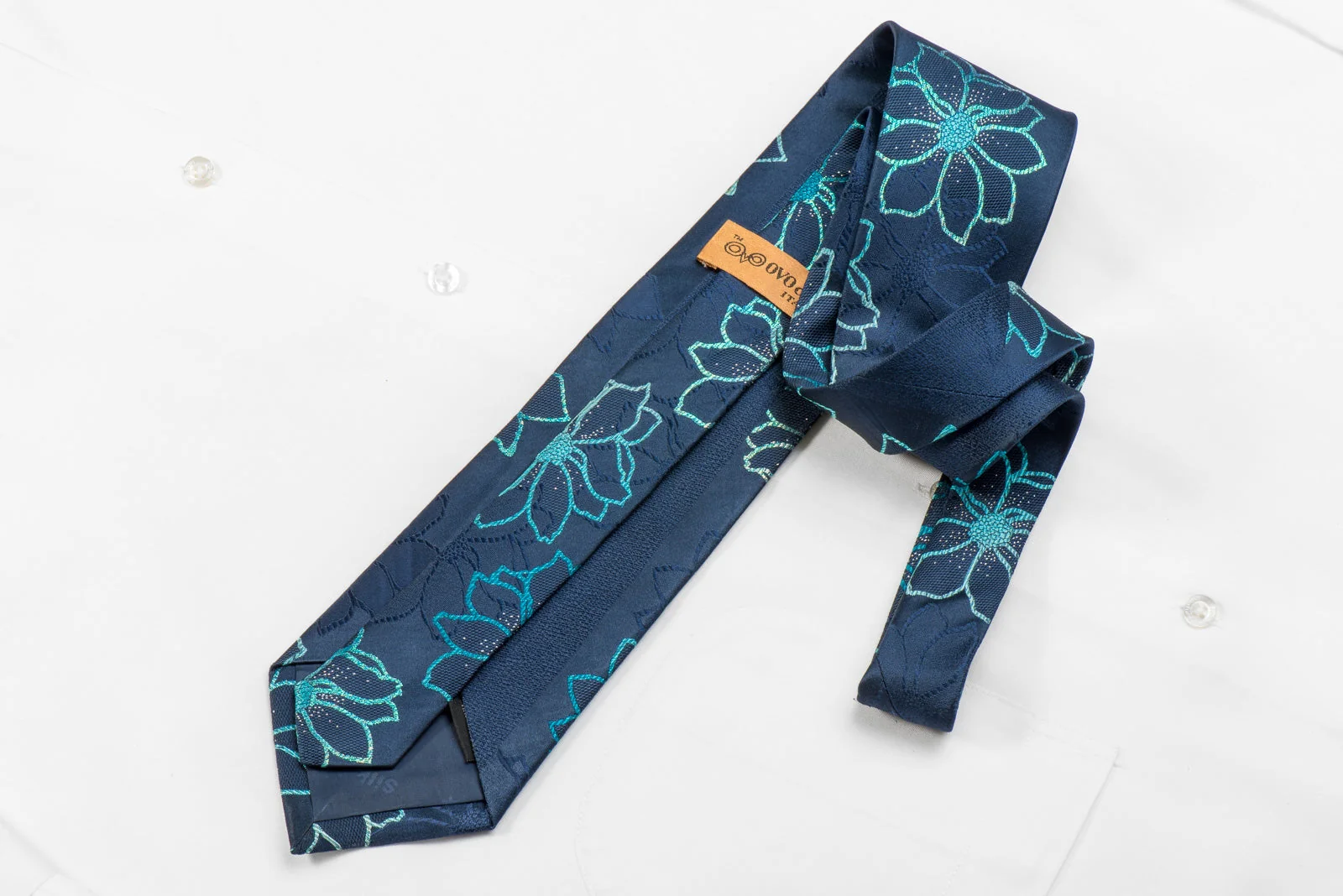 OVO Classic Men's Crystal Silk Necktie Floral On Blue With Silver Sparkles - Image 4