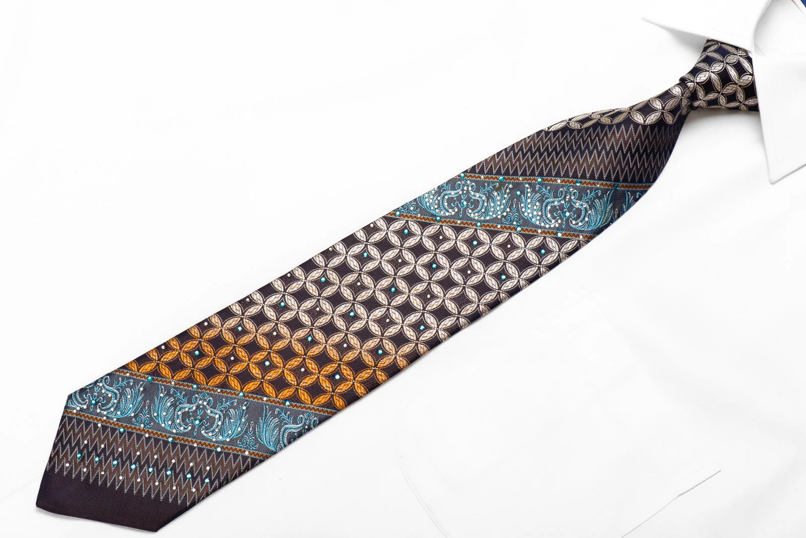 OVO Classic Men's Crystal Silk Tie Geometric Anthemion On Black Brown With Silver Sparkles - Image 2