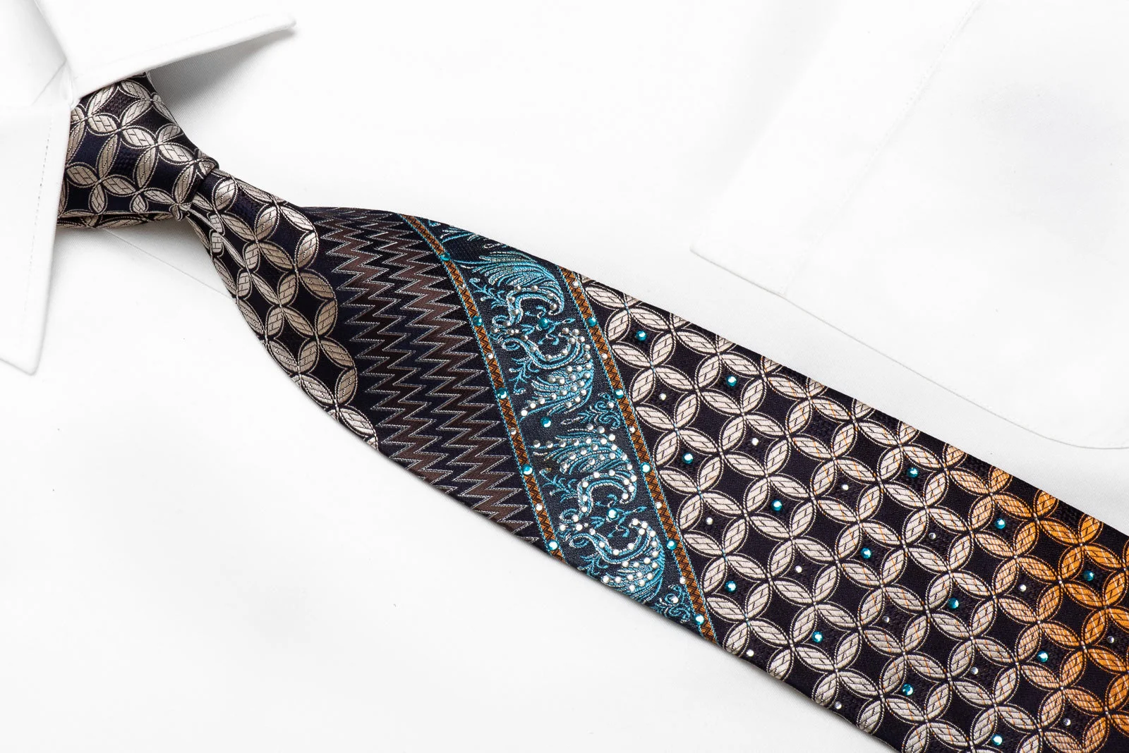 OVO Classic Men's Crystal Silk Tie Geometric Anthemion On Black Brown With Silver Sparkles - Image 4