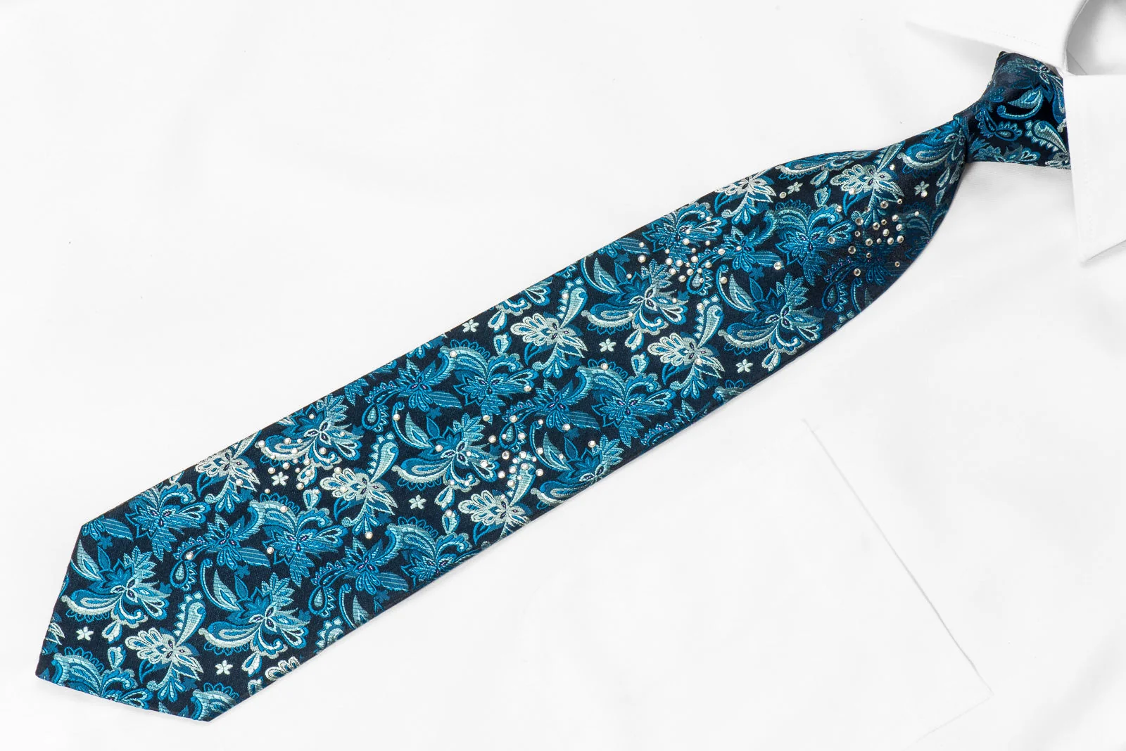 OVO Classic Mens Crystal Silk Necktie Floral On Navy Blue With Sparkles - Image 2