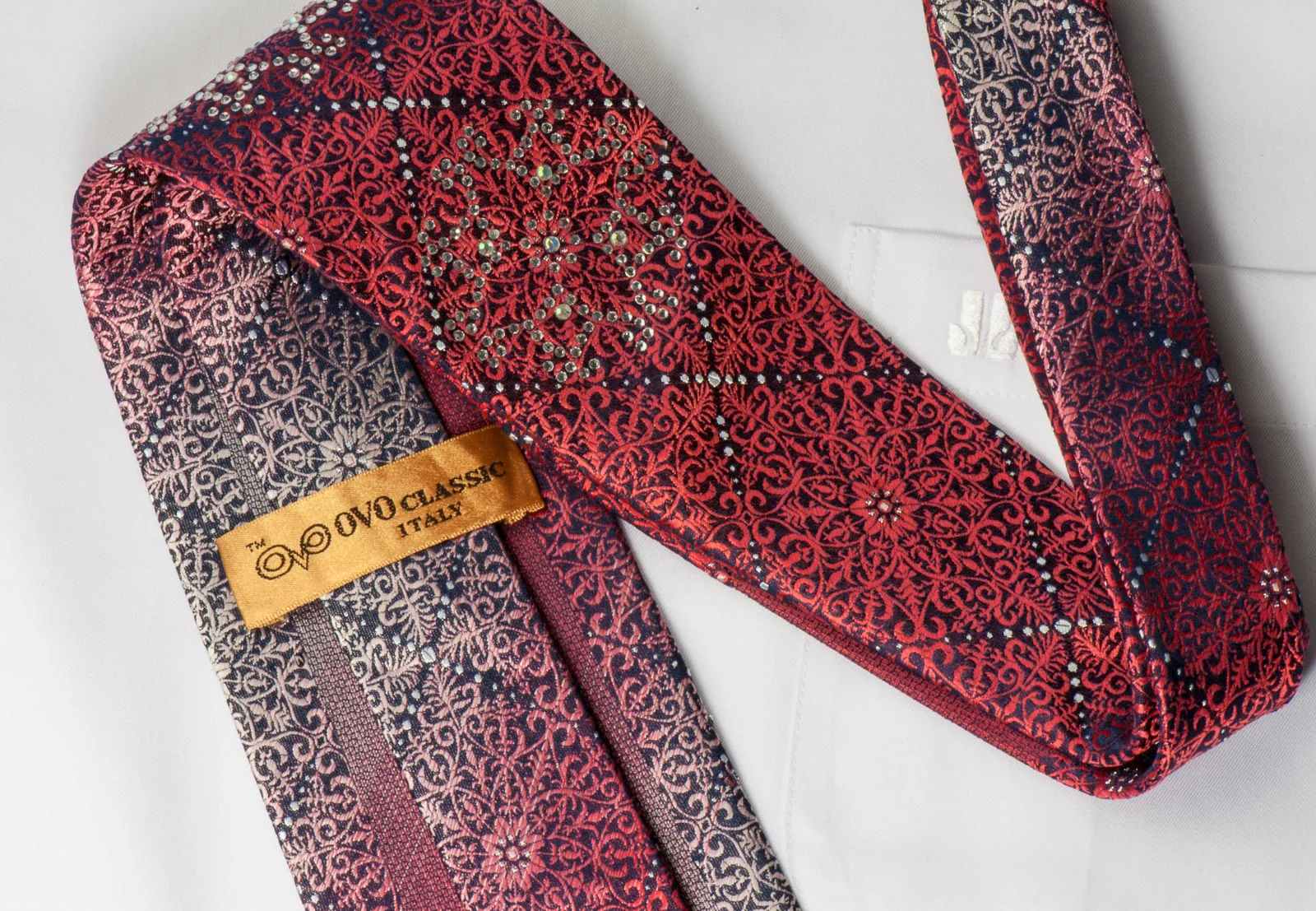 OVO Classic Rhinestone Necktie Red Anthemion On Black With Silver Sparkles - Image 2