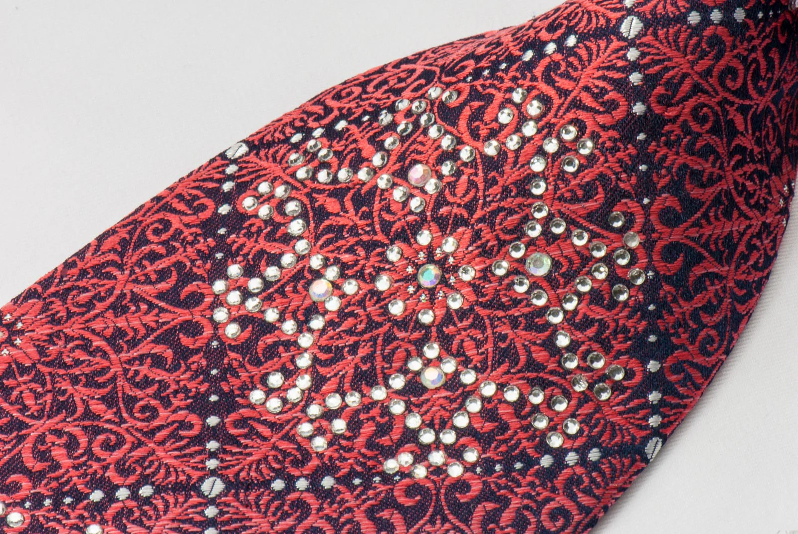 OVO Classic Rhinestone Necktie Red Anthemion On Black With Silver Sparkles - Image 5