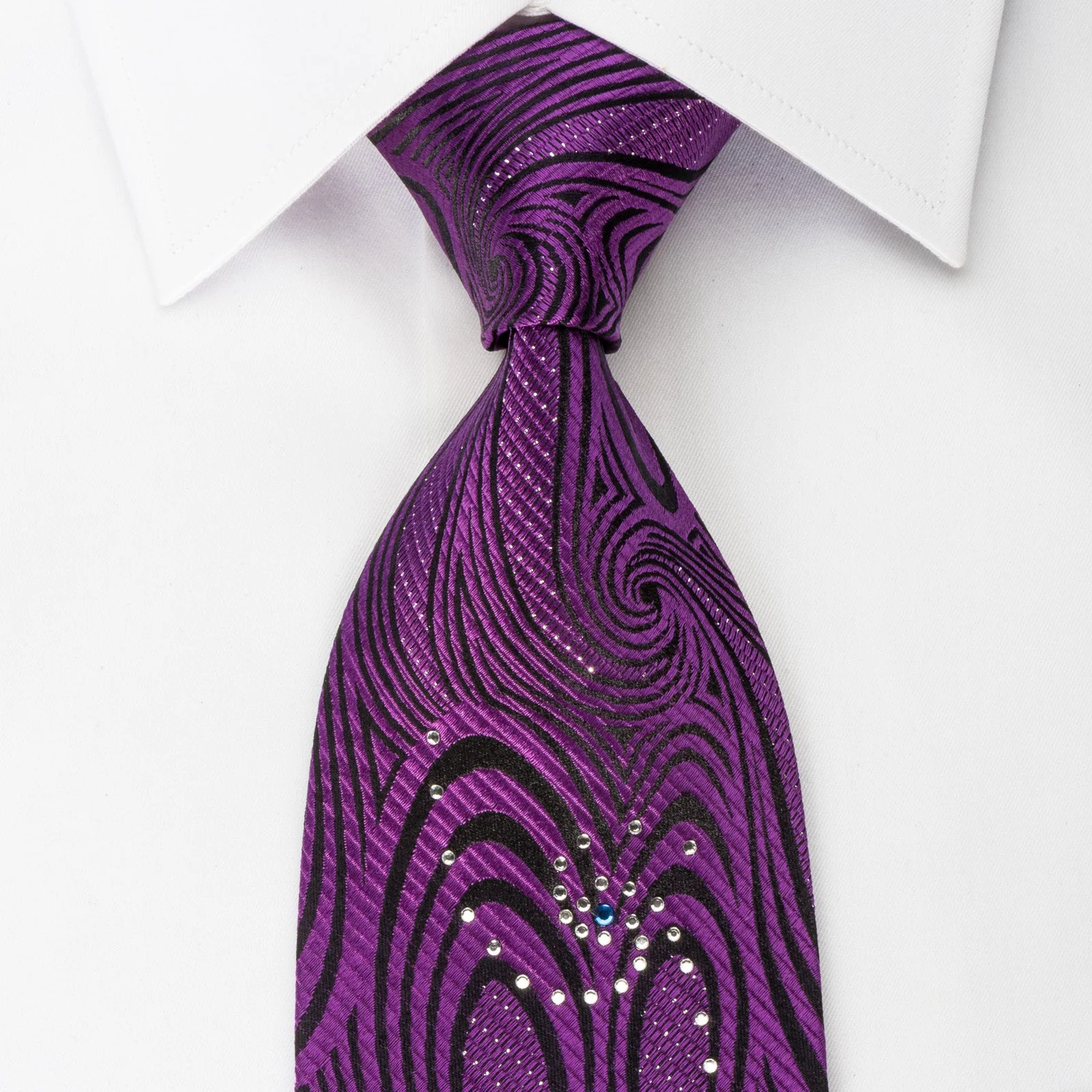 OVO Classic Rhinestone Silk Necktie Purple Twirls On Black With Sparkles