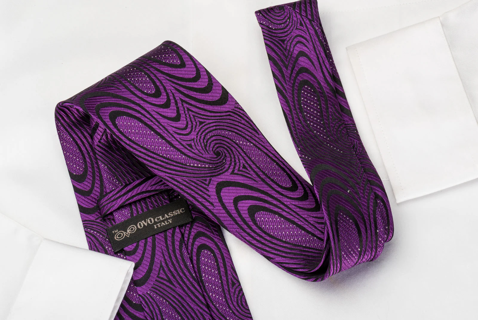 OVO Classic Rhinestone Silk Necktie Purple Twirls On Black With Sparkles - Image 4