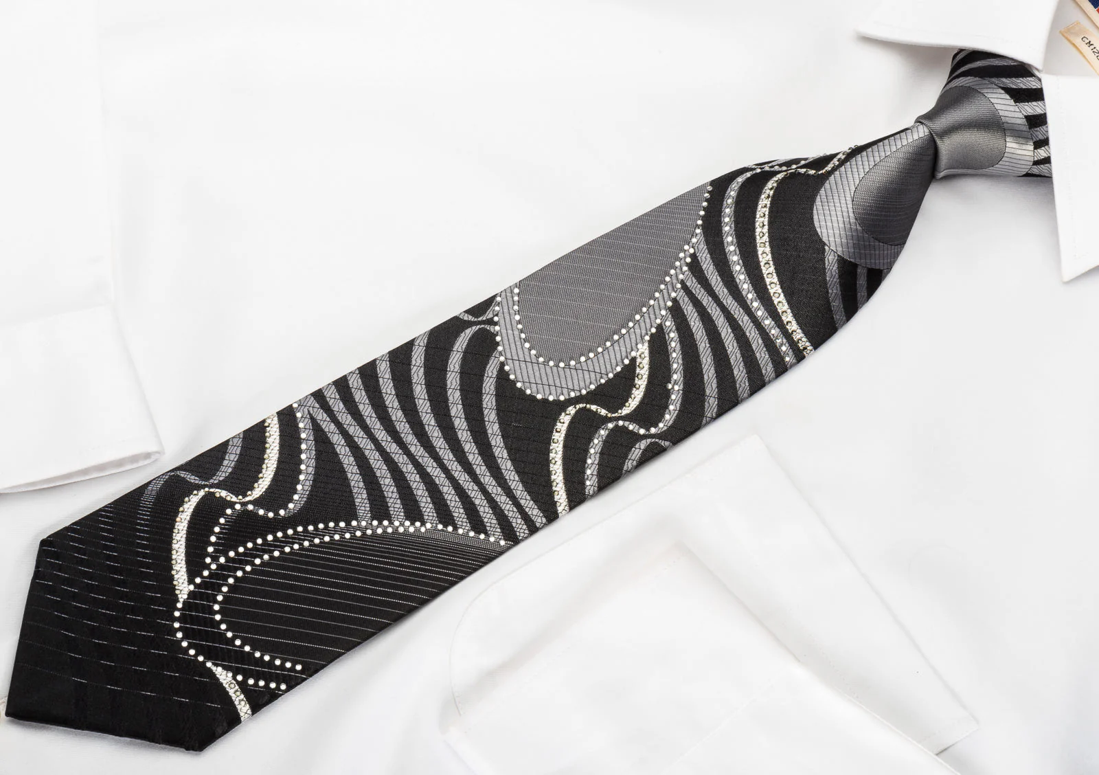 OVO Classic Rhinestone Silk Necktie Silver Geometric Waves On Black With Silver Sparkles - Image 4