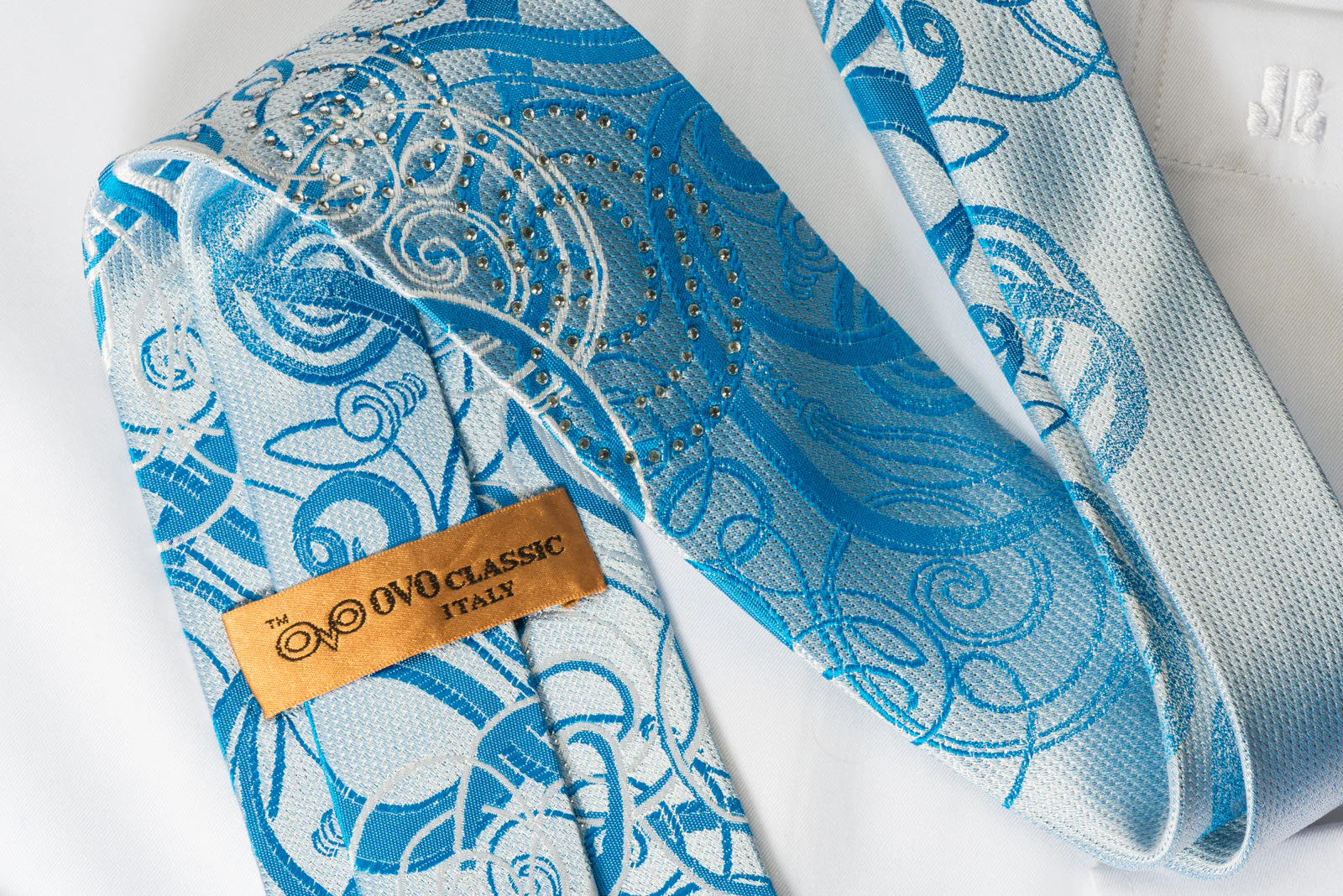 OVO Classic Silk Rhinestone Neckties Scrolls On Blue With Silver Sparkles - Image 4