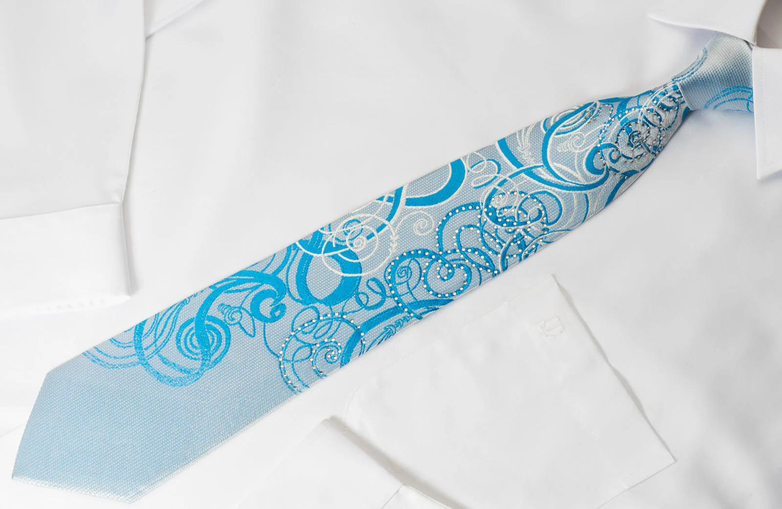OVO Classic Silk Rhinestone Neckties Scrolls On Blue With Silver Sparkles - Image 5