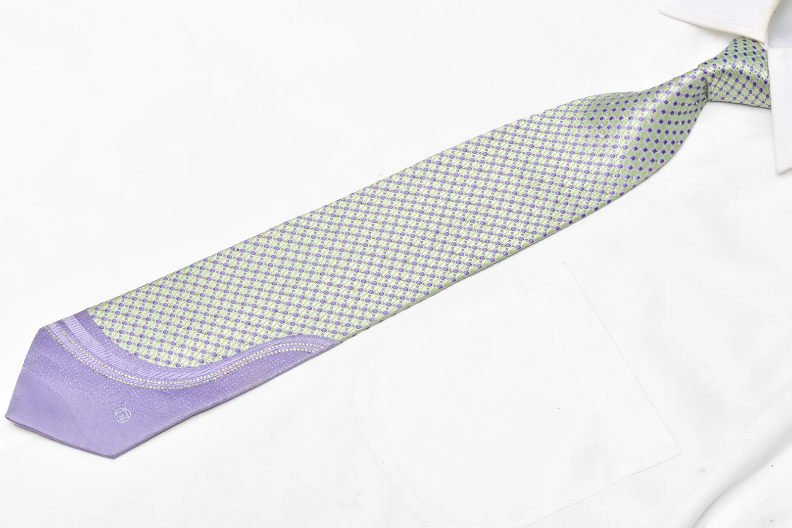 Mint Green Mauve Geometric Rhinestone Silk Necktie - Image 2