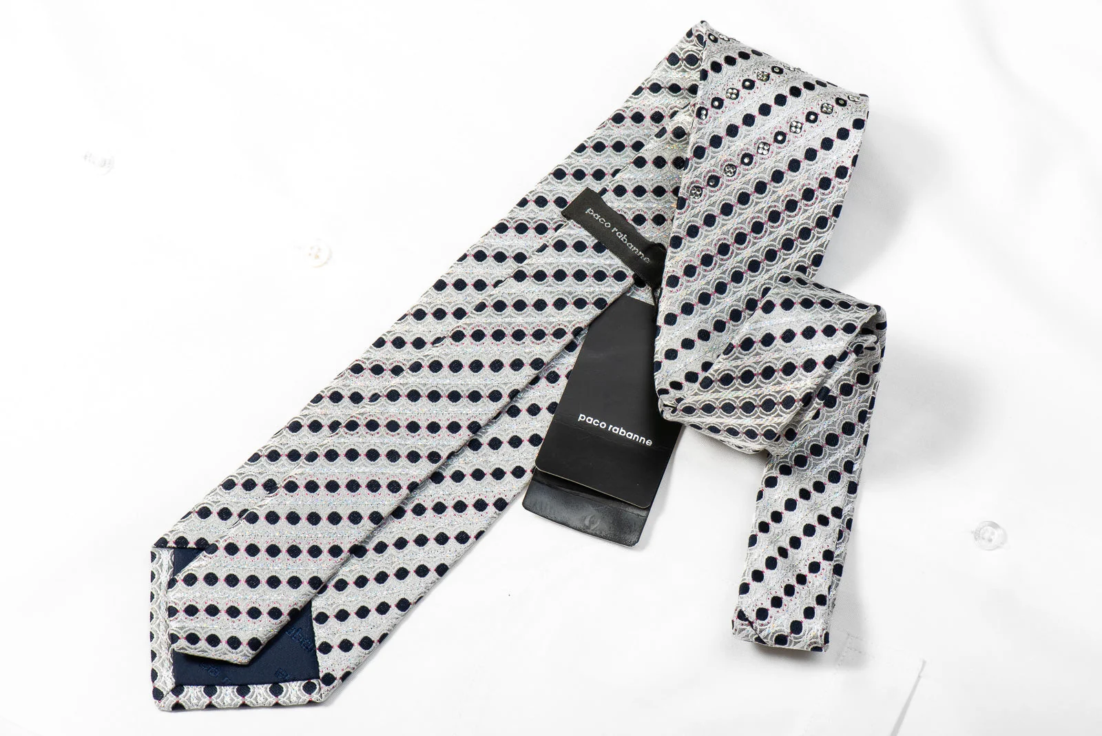 Paco Rabanne Men's Crystal Rhinestone Silk Necktie Geometric & Striped On Silver With Sparkles - Image 4