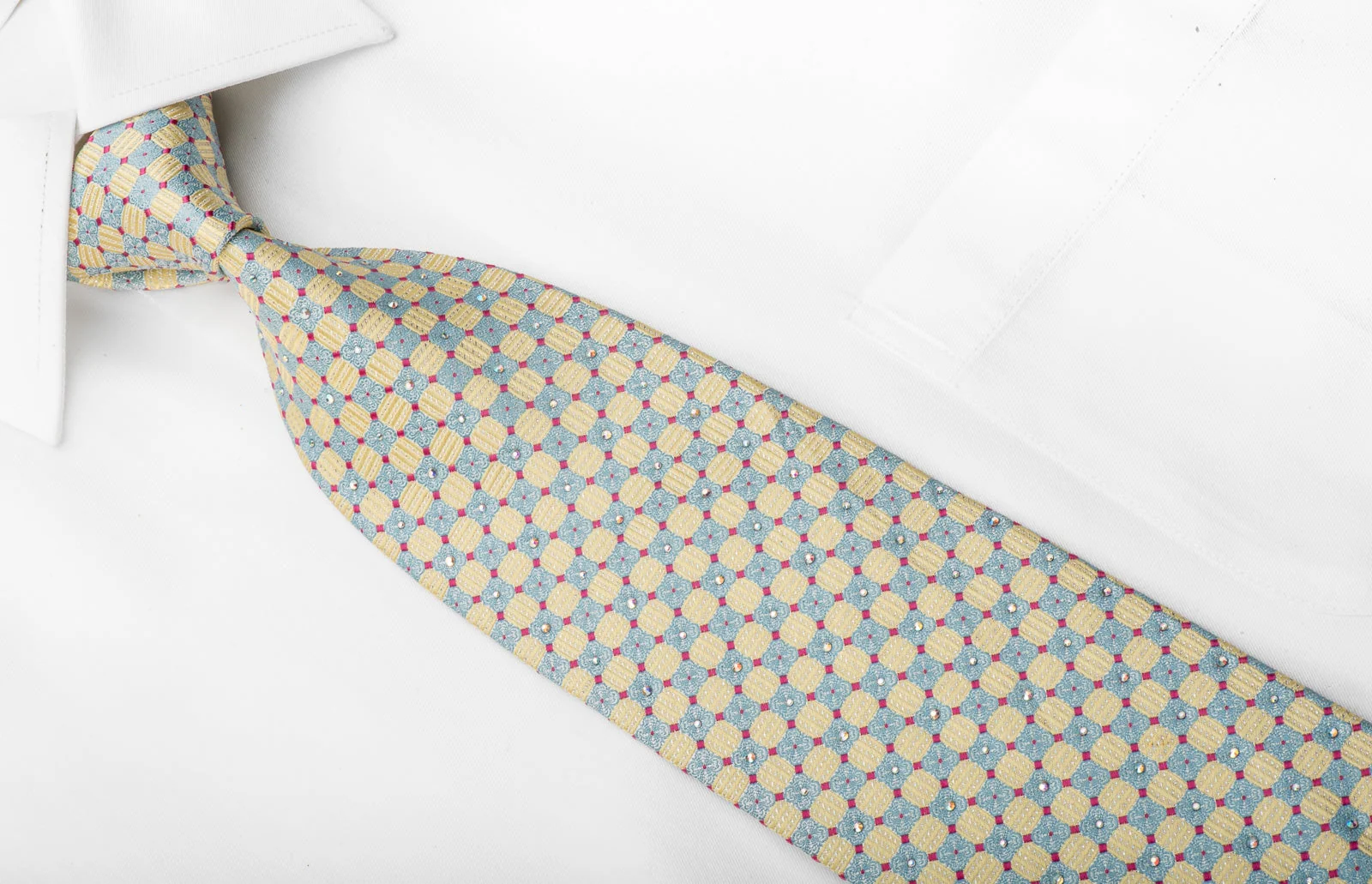 Paco Rabanne Men's Crystal Rhinestone Tie Blue Yellow Checkered Silk With Silver Sparkles - Image 2