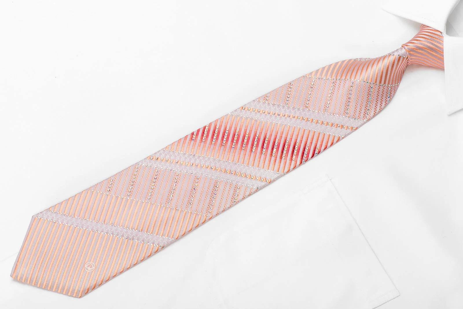 Paco Rabanne Men's Crystal Silk Necktie Pink Striped With Silver Sparkles - Image 2