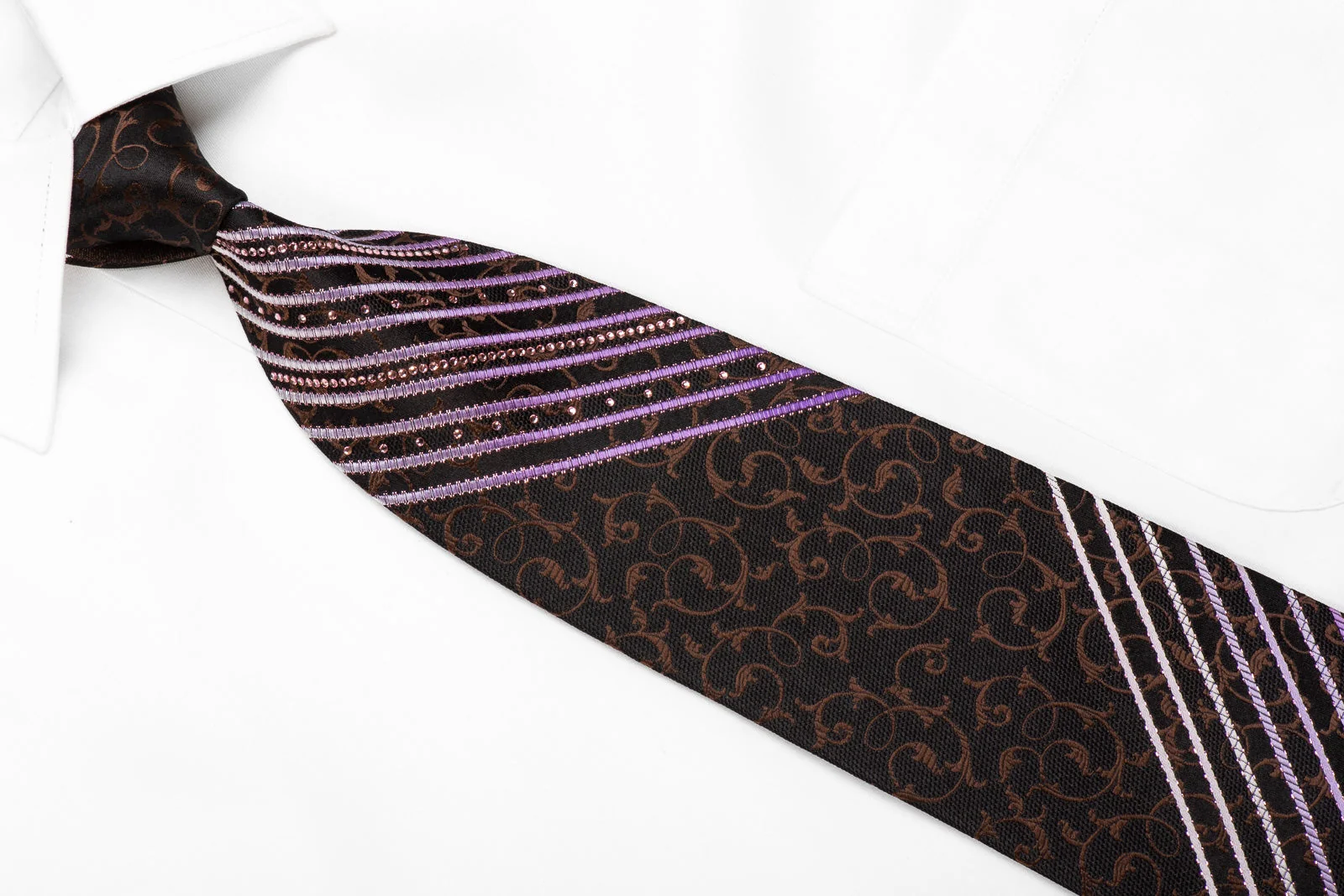 Paco Rabanne Men's Crystal Silk Necktie Purple Striped & Brown Scrolls On Black With Purple Sparkles - Image 3