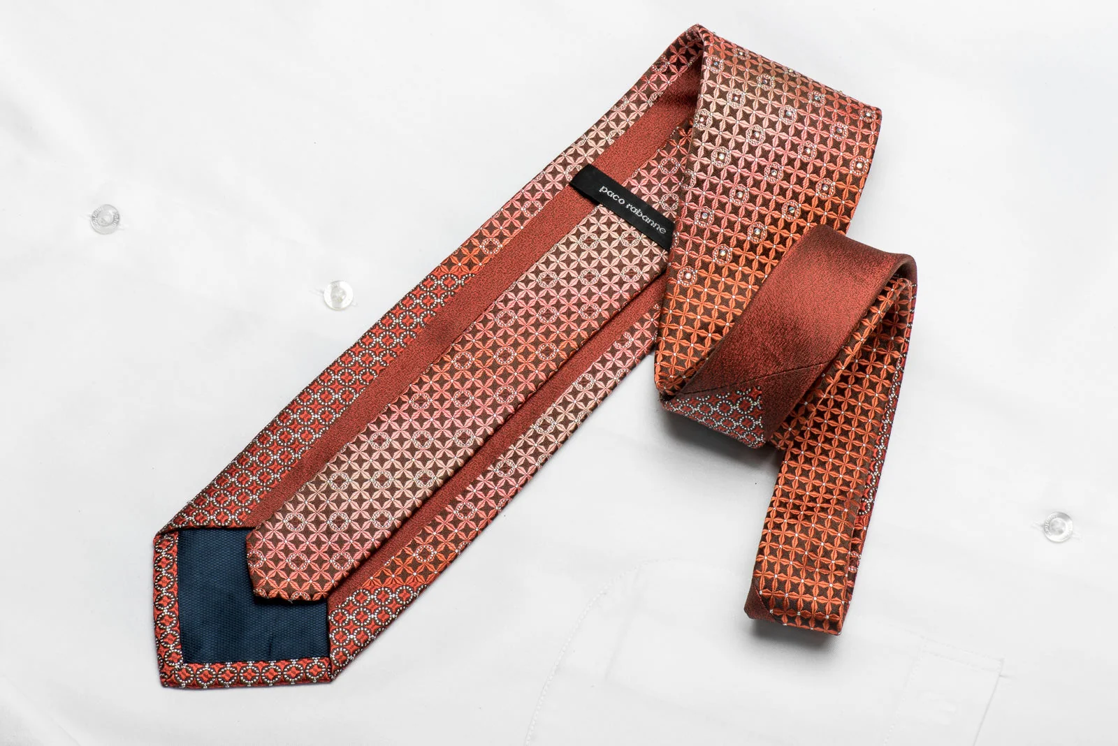 Paco Rabanne Men's Crystal Silk Tie Orange Geometric On Brown With Silver Sparkles - Image 5