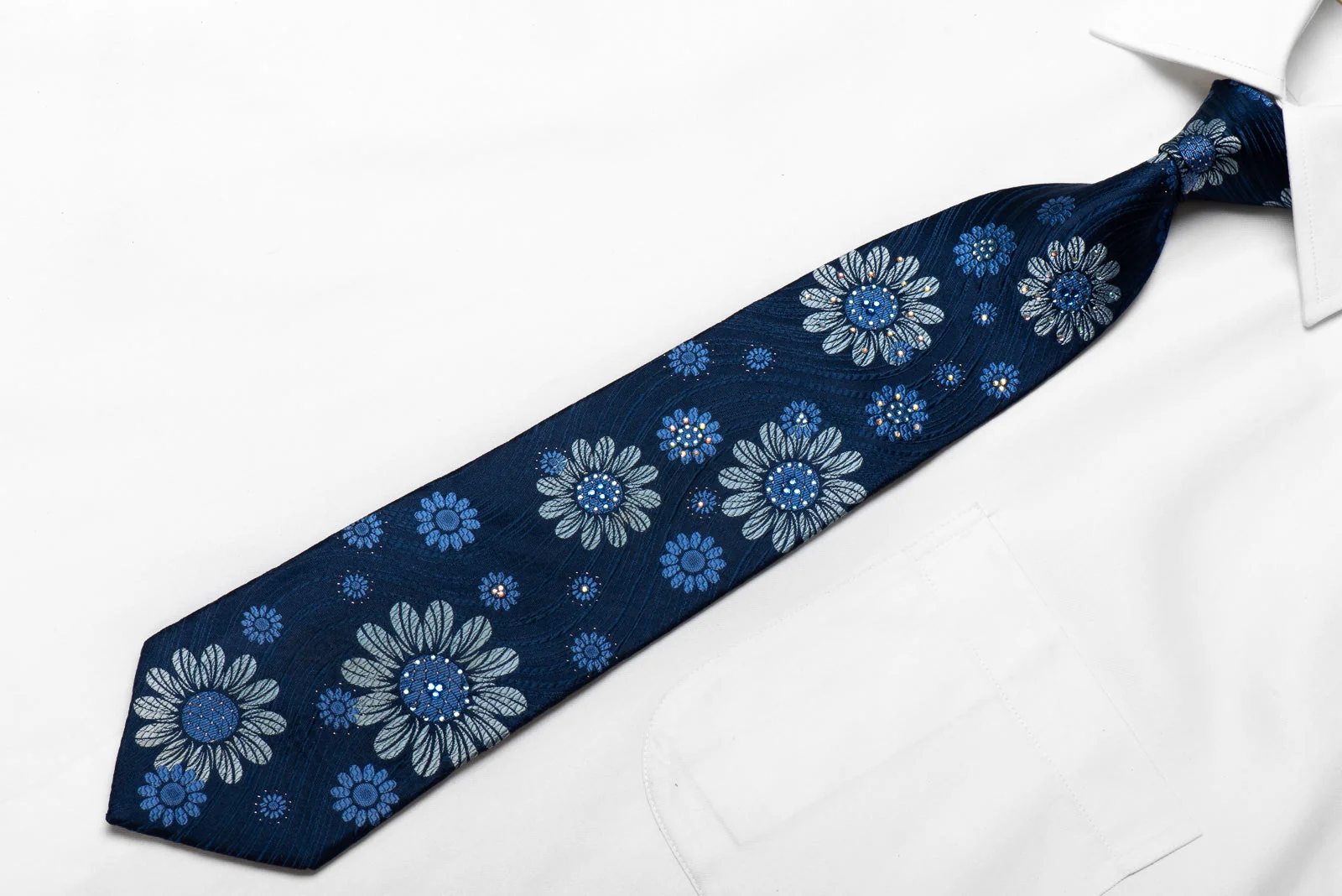 Paco Rabanne Men's Rhinestone Silk Necktie Floral On Blue With Silver Sparkles - Image 3