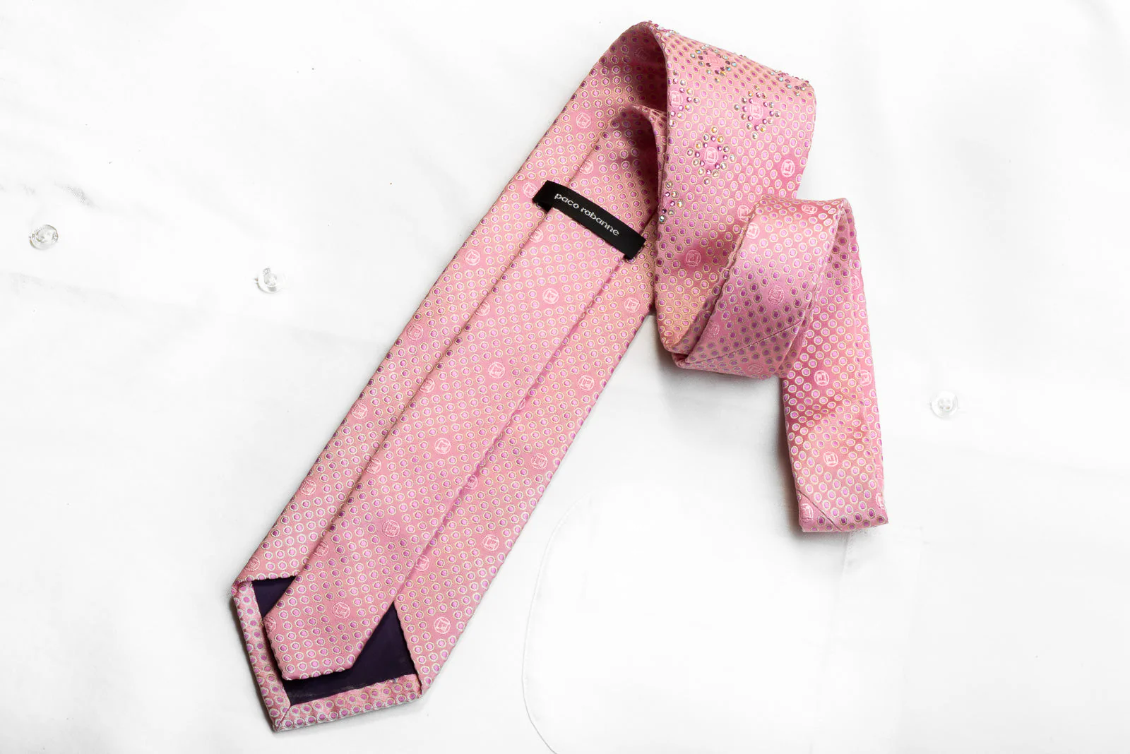 Paco Rabanne Men's Rhinestone Silk Necktie Geometric On Pink Silk - Image 4