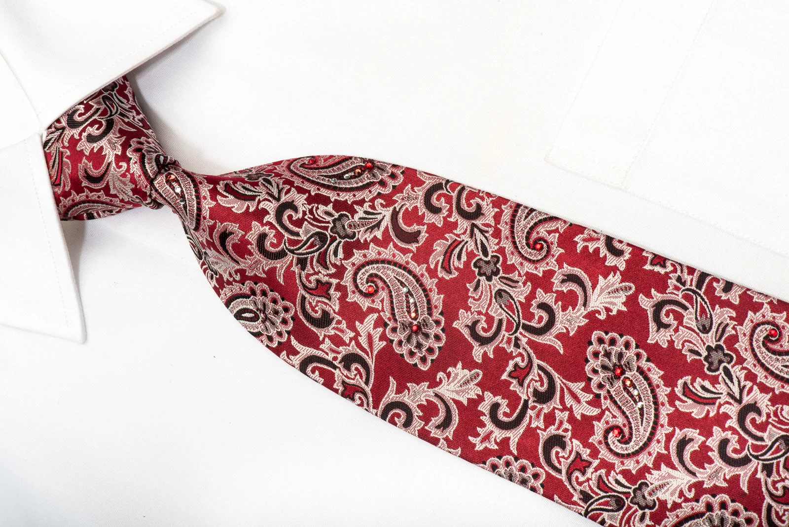 Paco Rabanne Men's Silk Necktie Acanthus Paisley On Burgundy Sparkling With Rhinestones - Image 6