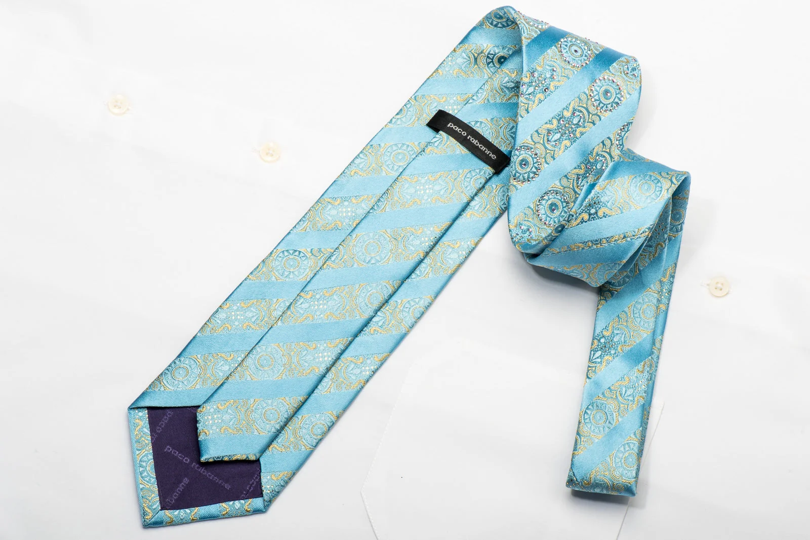 Paco Rabanne Men's Silk Necktie Yellow Cartouche Stripes On Pale Blue Sparkling With Rhinestones - Image 5