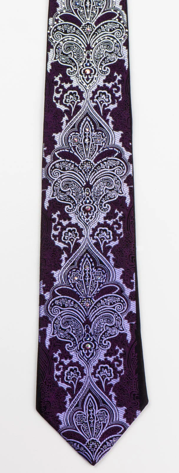 Paco Rabanne Men's Woven Silk Rhinestone Tie Silver Damask On Dark Purple - Image 7