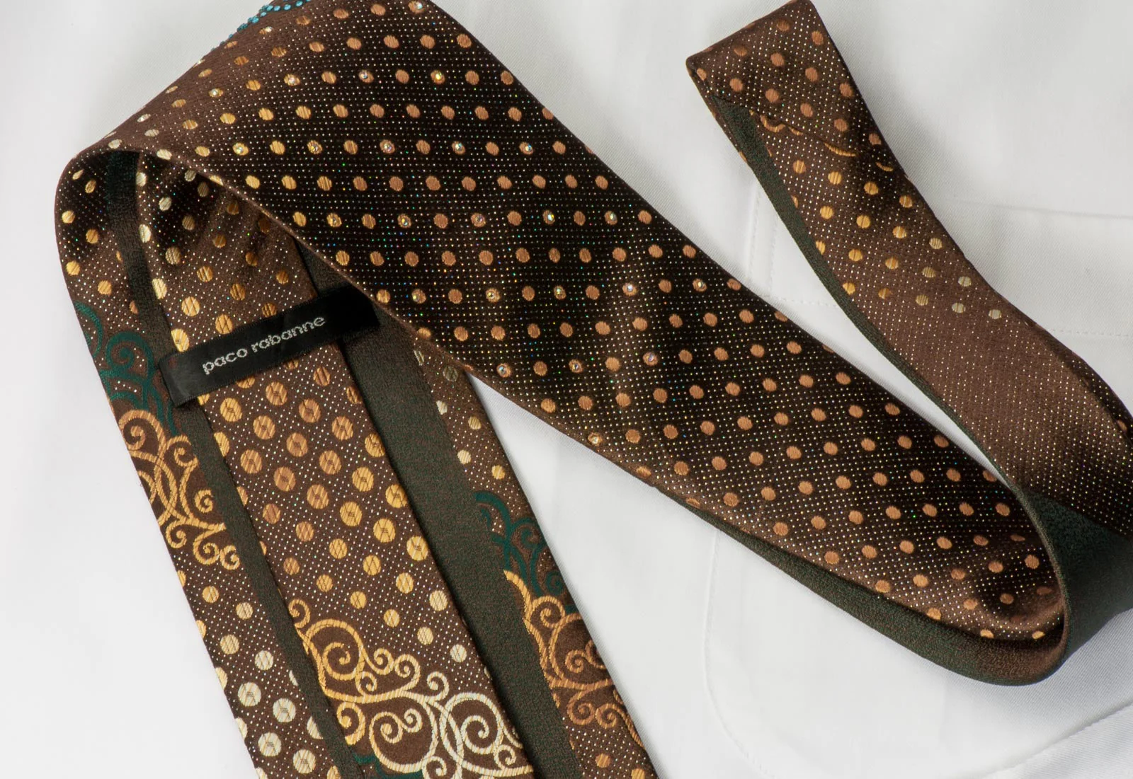 Paco Rabanne Rhinestone Necktie Scrolls & Dots On Brown With Silver Sparkles - Image 5