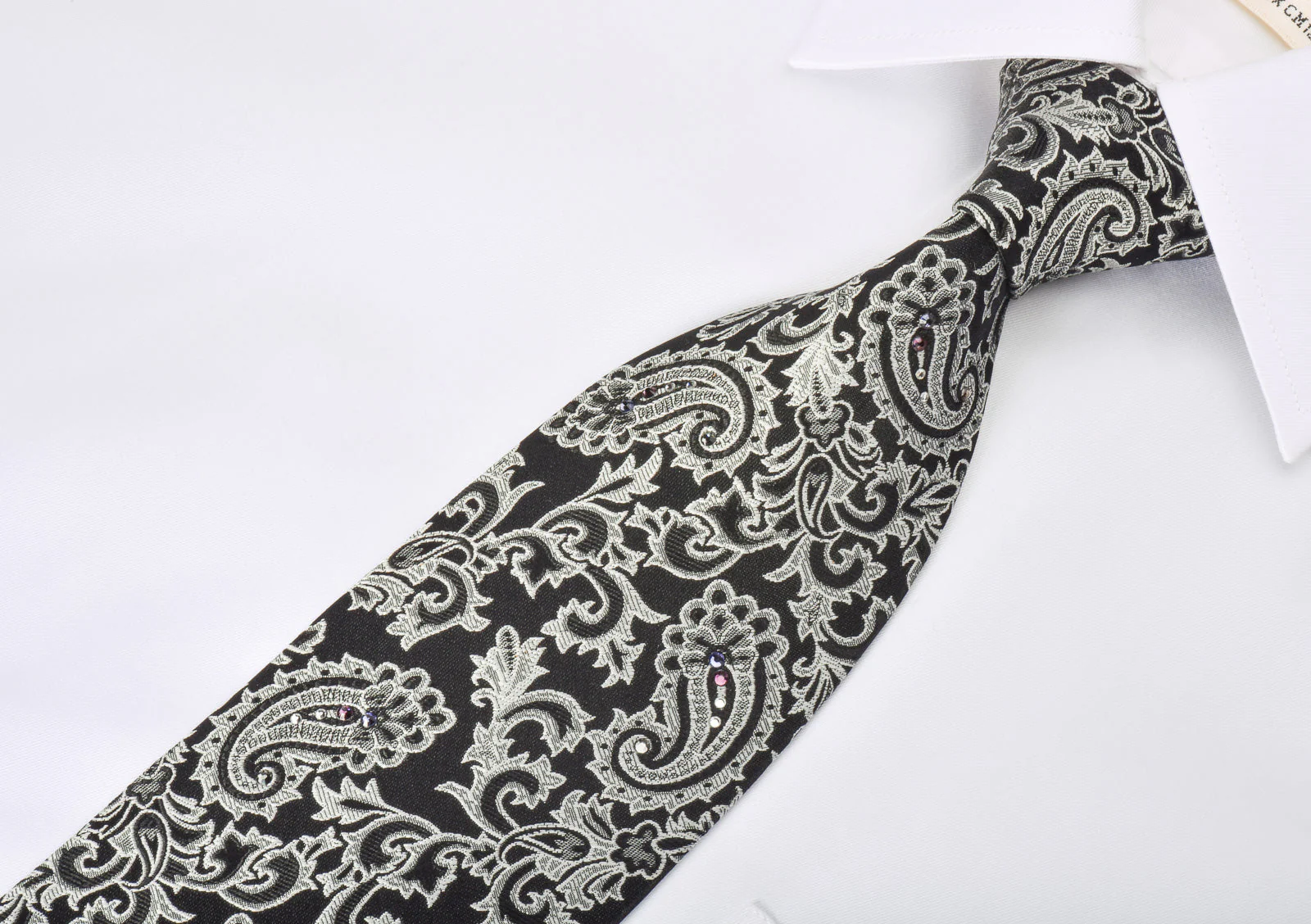 Paco Rabanne Rhinestone Necktie Silver Baroque Paisley On Black - Image 2