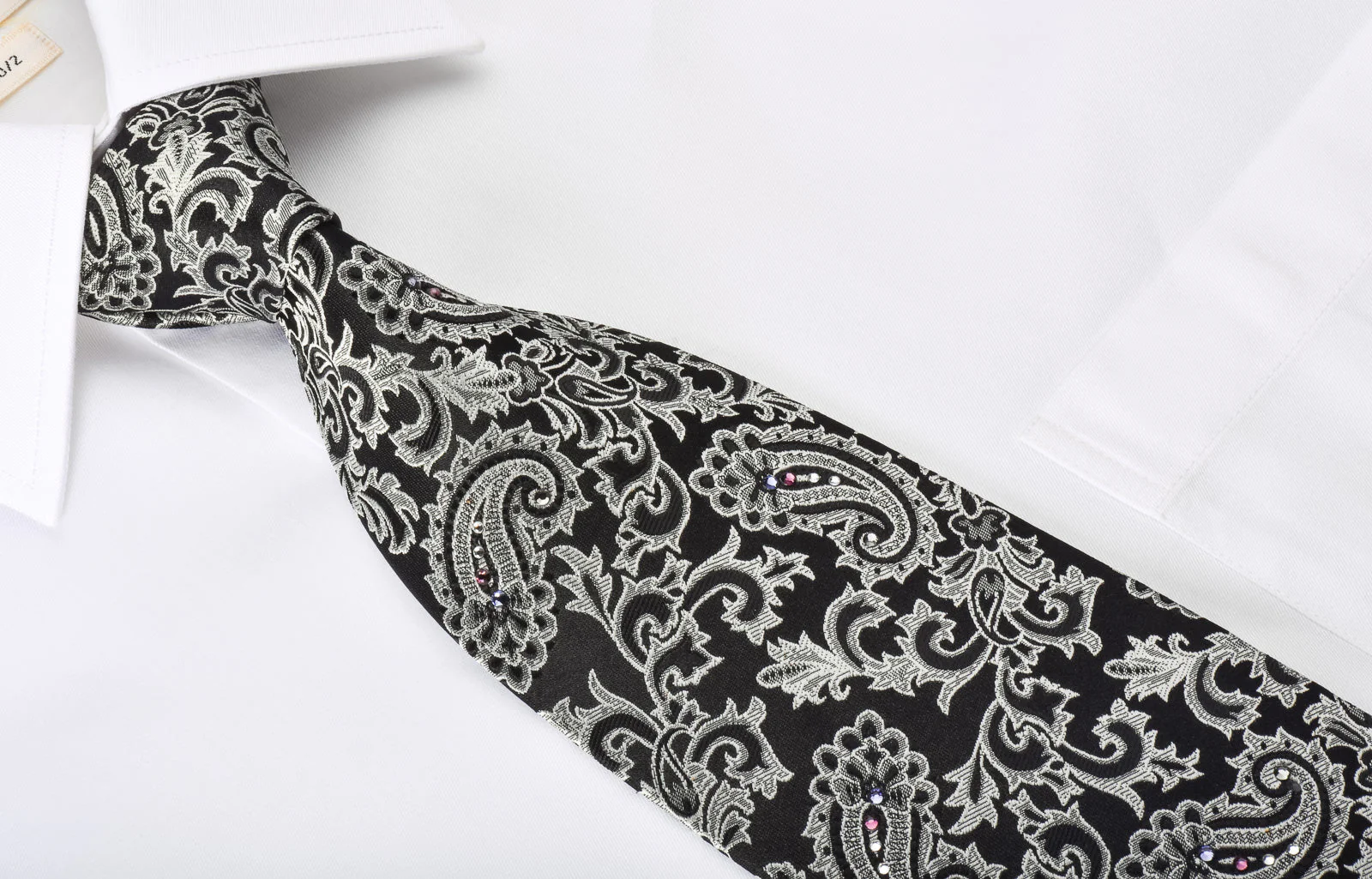Paco Rabanne Rhinestone Necktie Silver Baroque Paisley On Black - Image 3