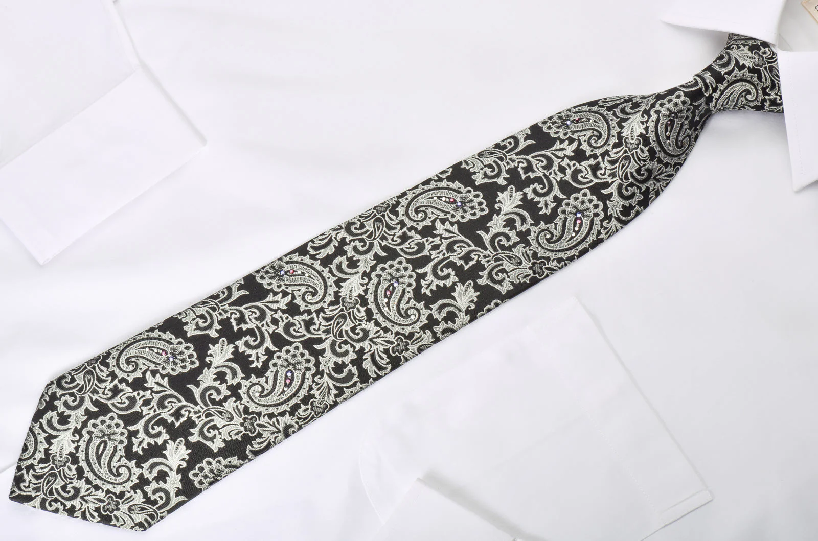 Paco Rabanne Rhinestone Necktie Silver Baroque Paisley On Black - Image 5