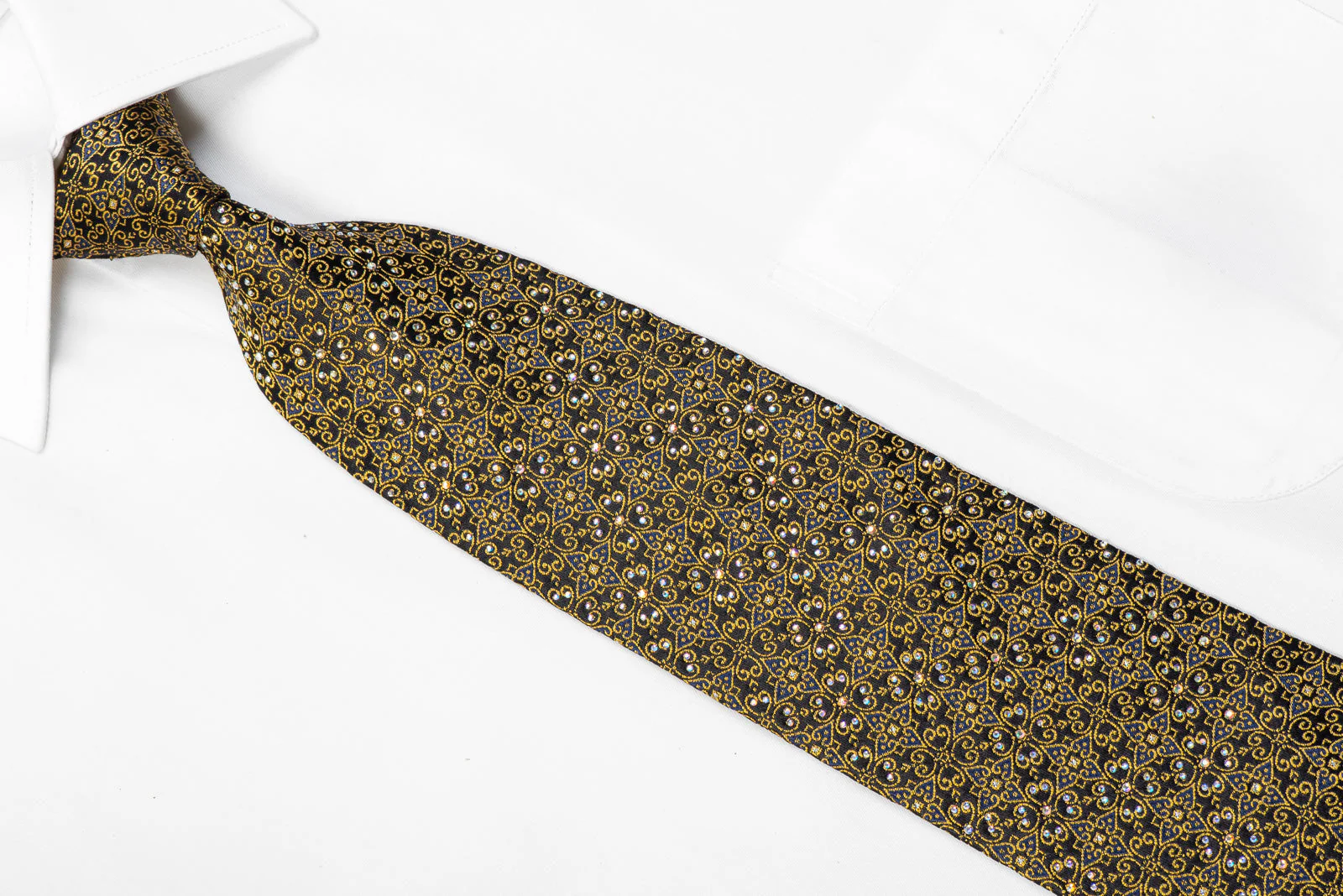 Paco Rabanne Rhinestone Silk Necktie Gold Cartouche On Black With Sparkles - Image 2