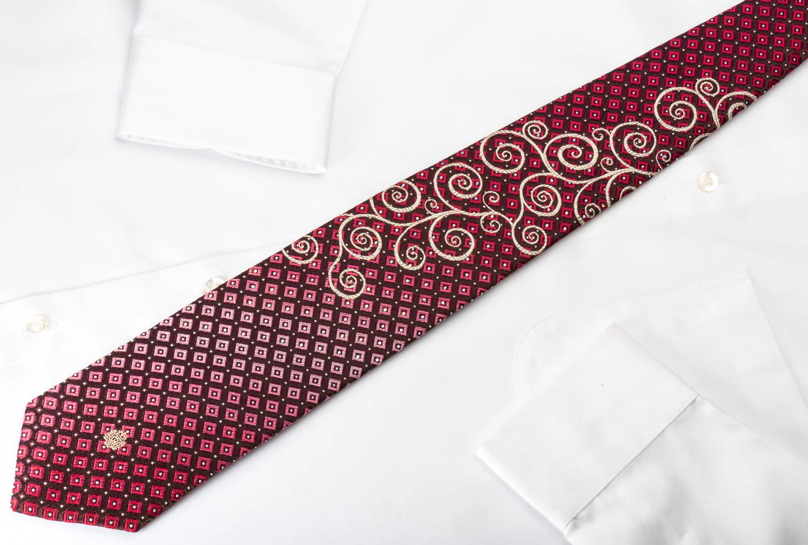 Paco Rabanne Rhinestone Silk Necktie Golden Scrolls On Red Burgundy Checker With Silver Sparkles - Image 3
