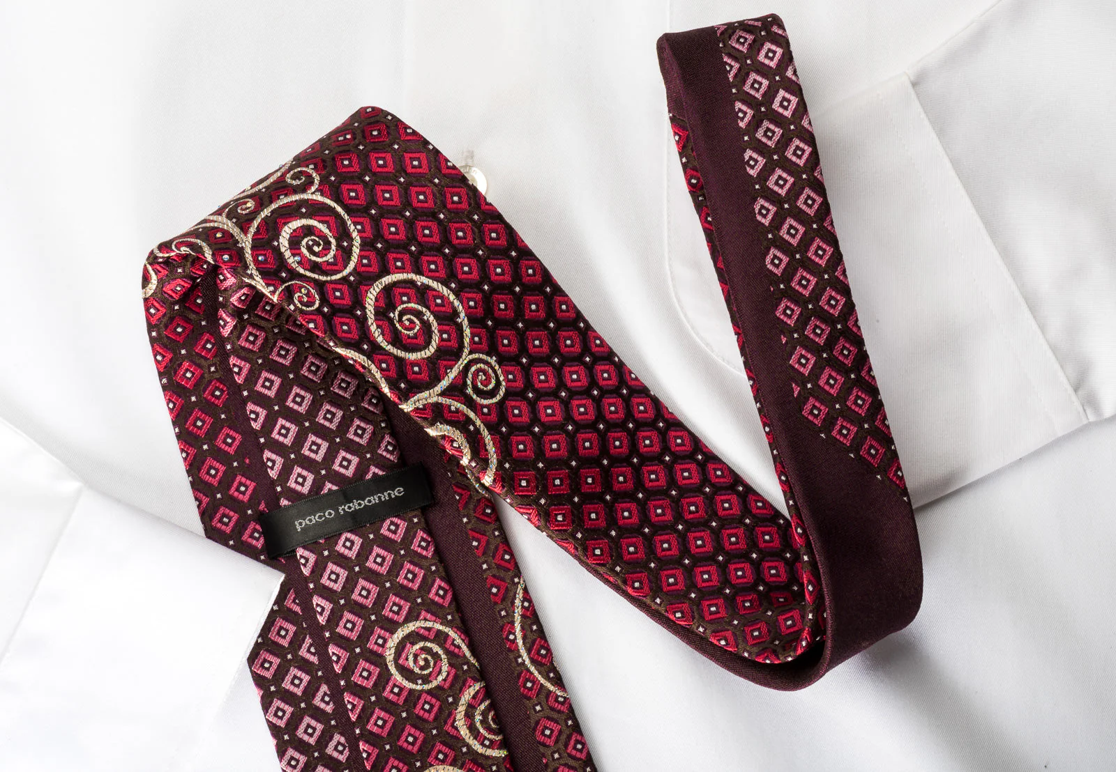 Paco Rabanne Rhinestone Silk Necktie Golden Scrolls On Red Burgundy Checker With Silver Sparkles - Image 5