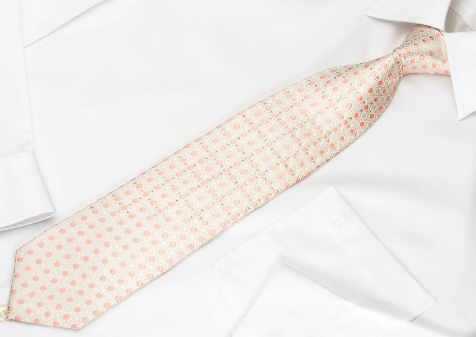 Paco Rabanne Rhinestone Silk Necktie Pink Dots On White With Sparkles - Image 6
