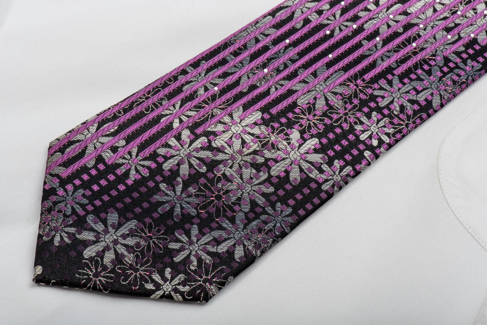 Paco Rabanne Rhinestone Silk Necktie Silver Floral Purple Striped On Black With Sparkles - Image 2