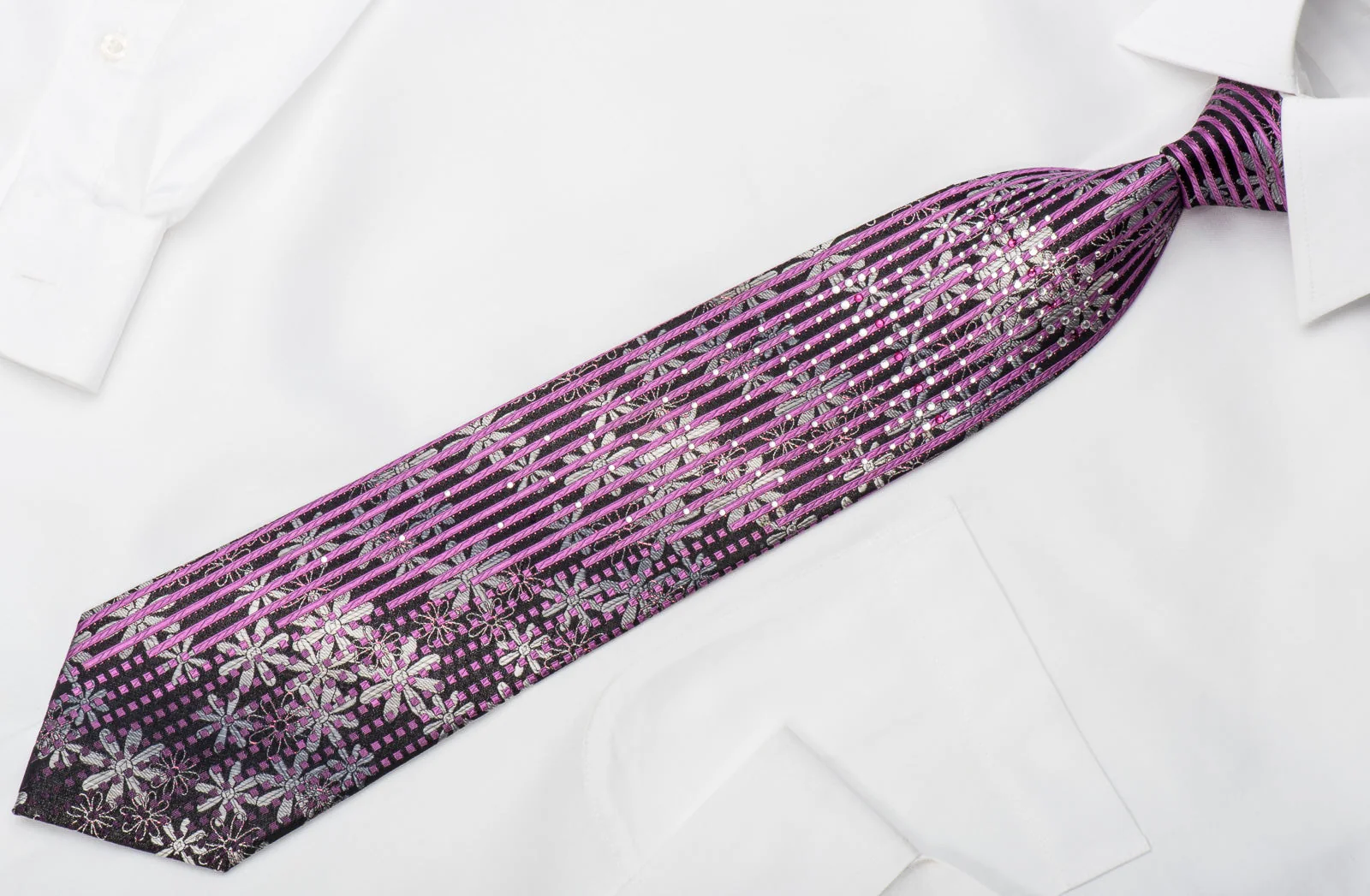 Paco Rabanne Rhinestone Silk Necktie Silver Floral Purple Striped On Black With Sparkles - Image 4