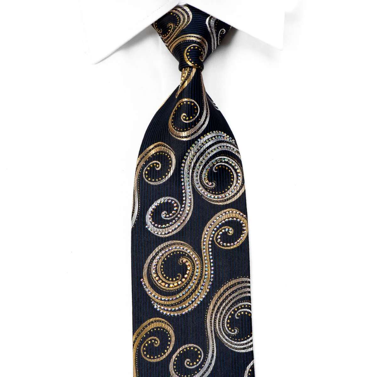 Rhinestone Silk Tie Gold Silver Scrolls On Black With Sparkles