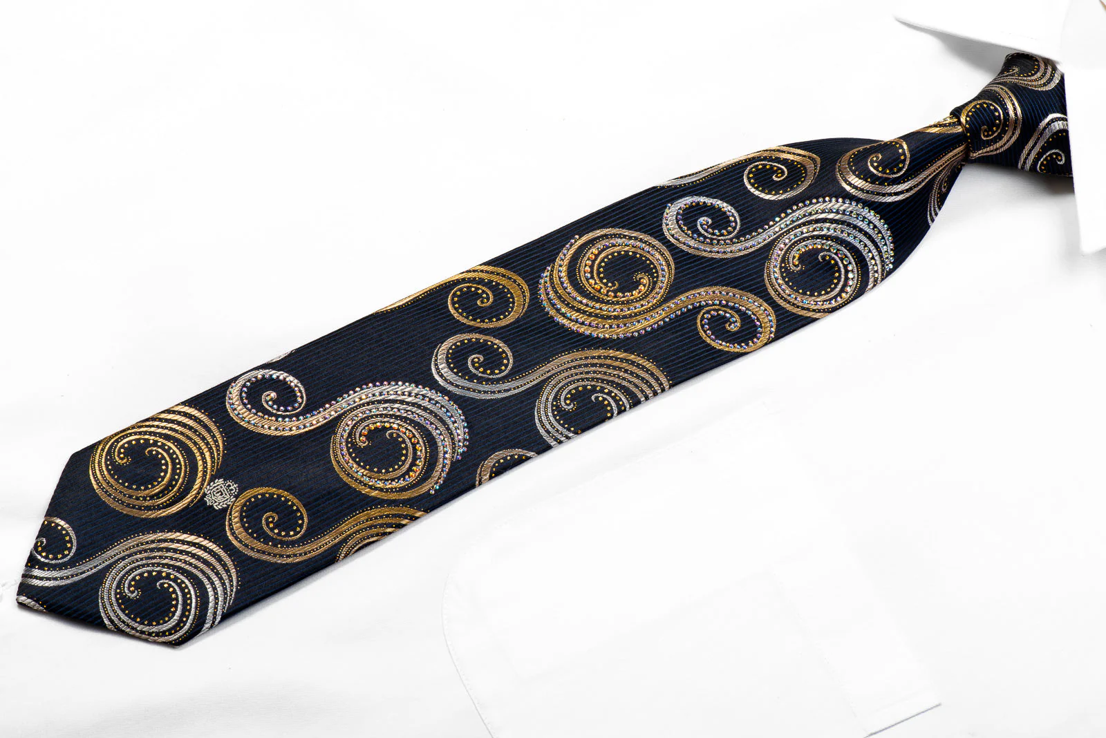 Rhinestone Silk Tie Gold Silver Scrolls On Black With Sparkles - Image 3