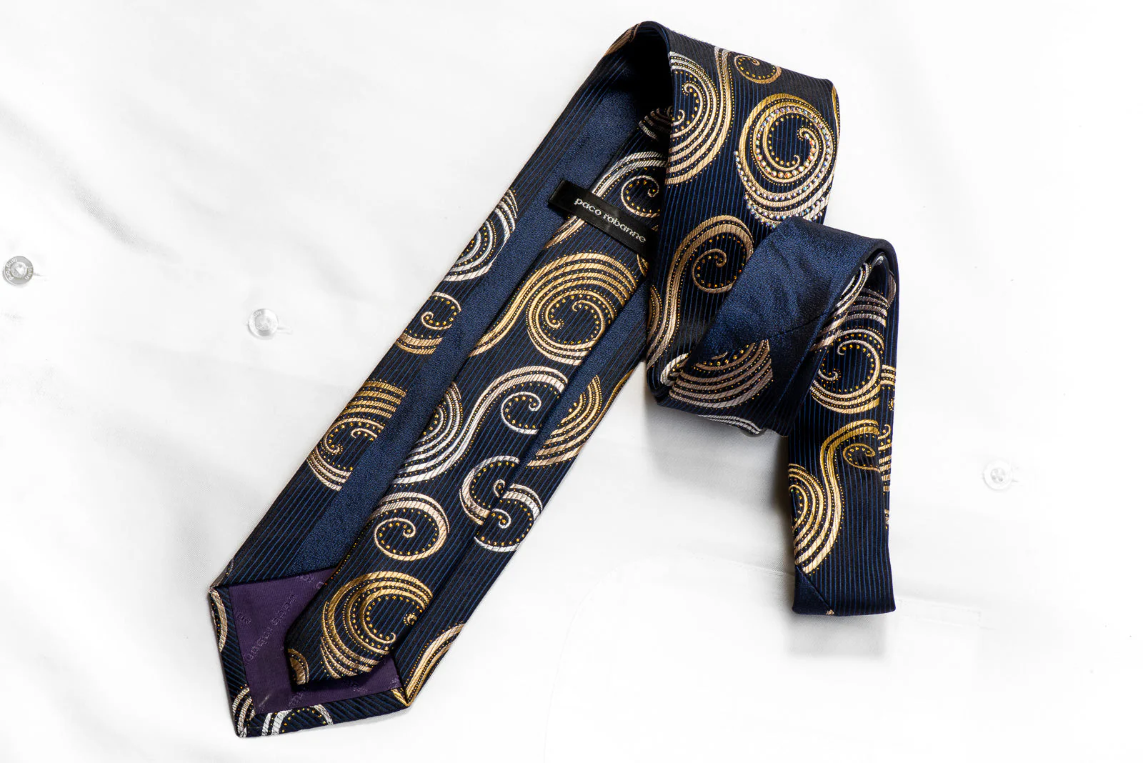 Rhinestone Silk Tie Gold Silver Scrolls On Black With Sparkles - Image 4