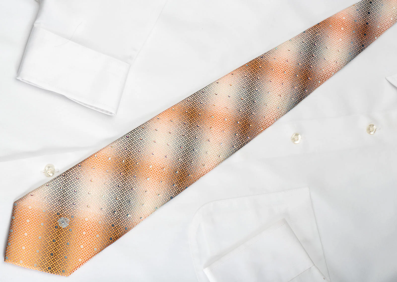 Paco Rabanne Silk Necktie Orange Silver Geometric With Rhinestones - Image 8