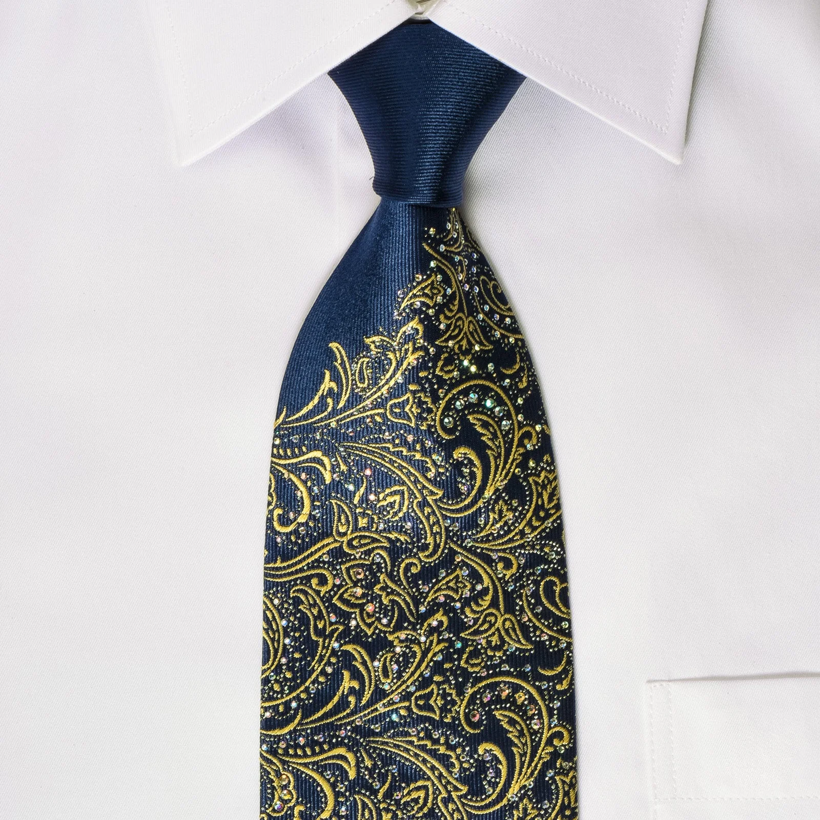 Paco Rabanne Silk Rhinestone Necktie Golden Paisley On Blue With Silver Sparkles