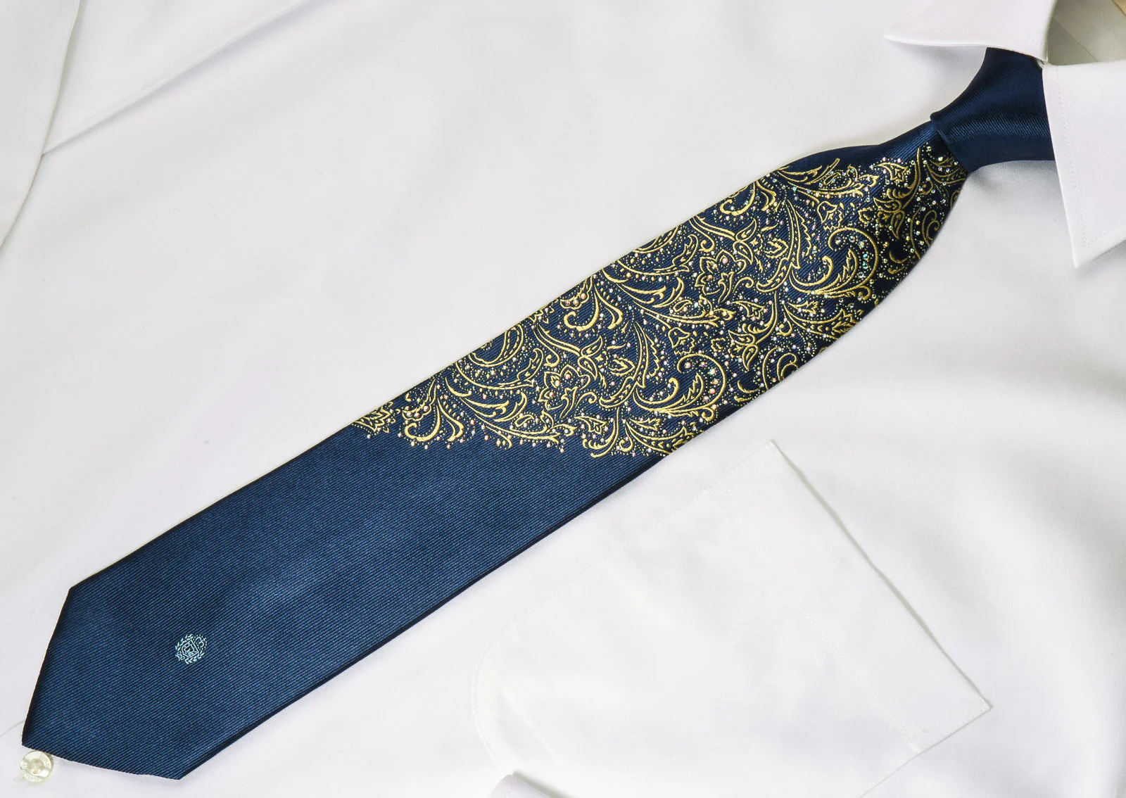 Paco Rabanne Silk Rhinestone Necktie Golden Paisley On Blue With Silver Sparkles - Image 2