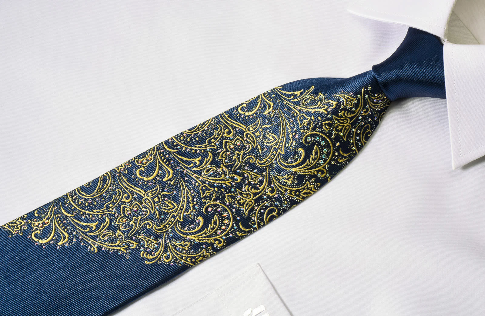 Paco Rabanne Silk Rhinestone Necktie Golden Paisley On Blue With Silver Sparkles - Image 3
