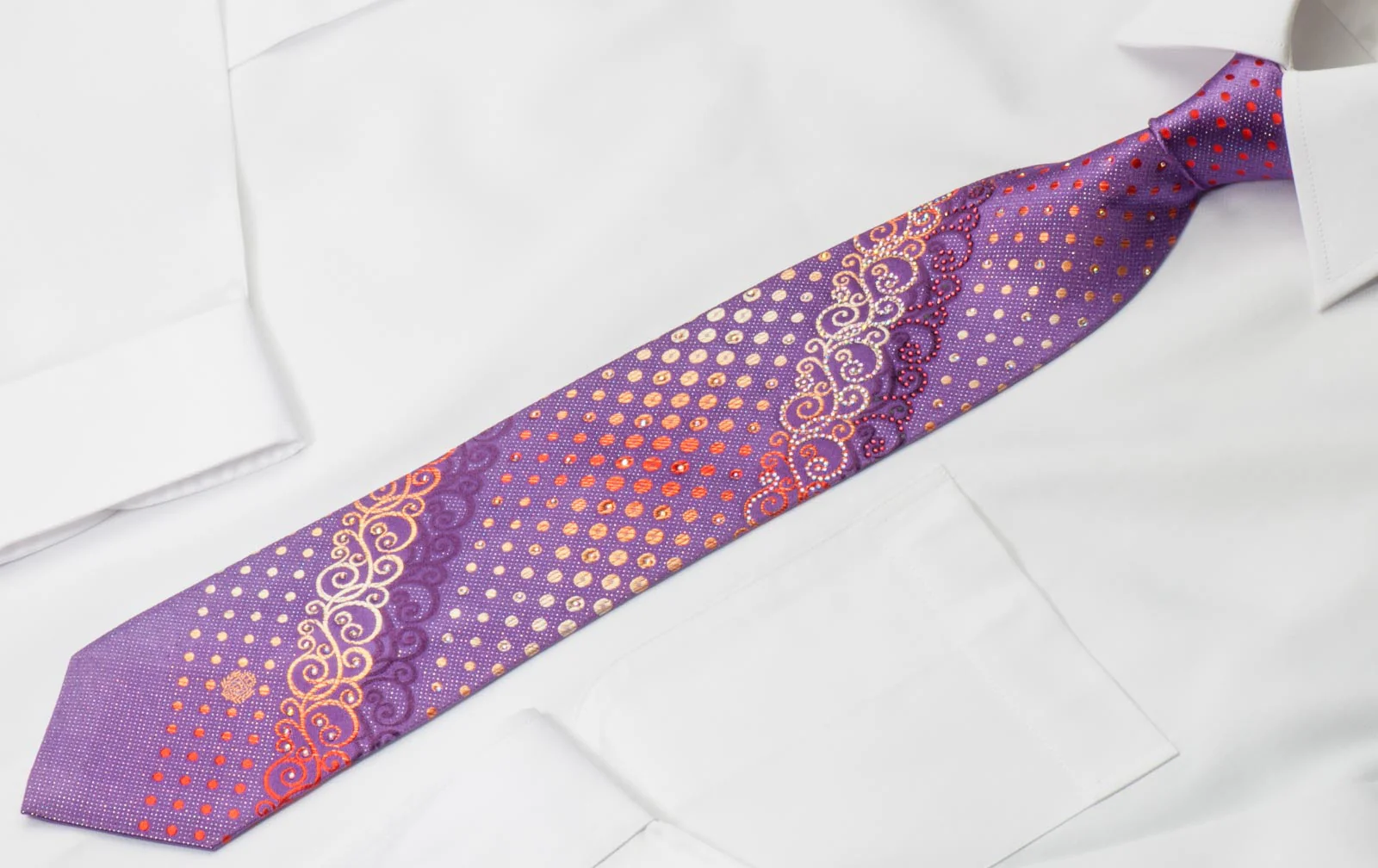 Paco Rabanne Silk Rhinestone Necktie Scrolls On Purple With Silver Sparkles - Image 4