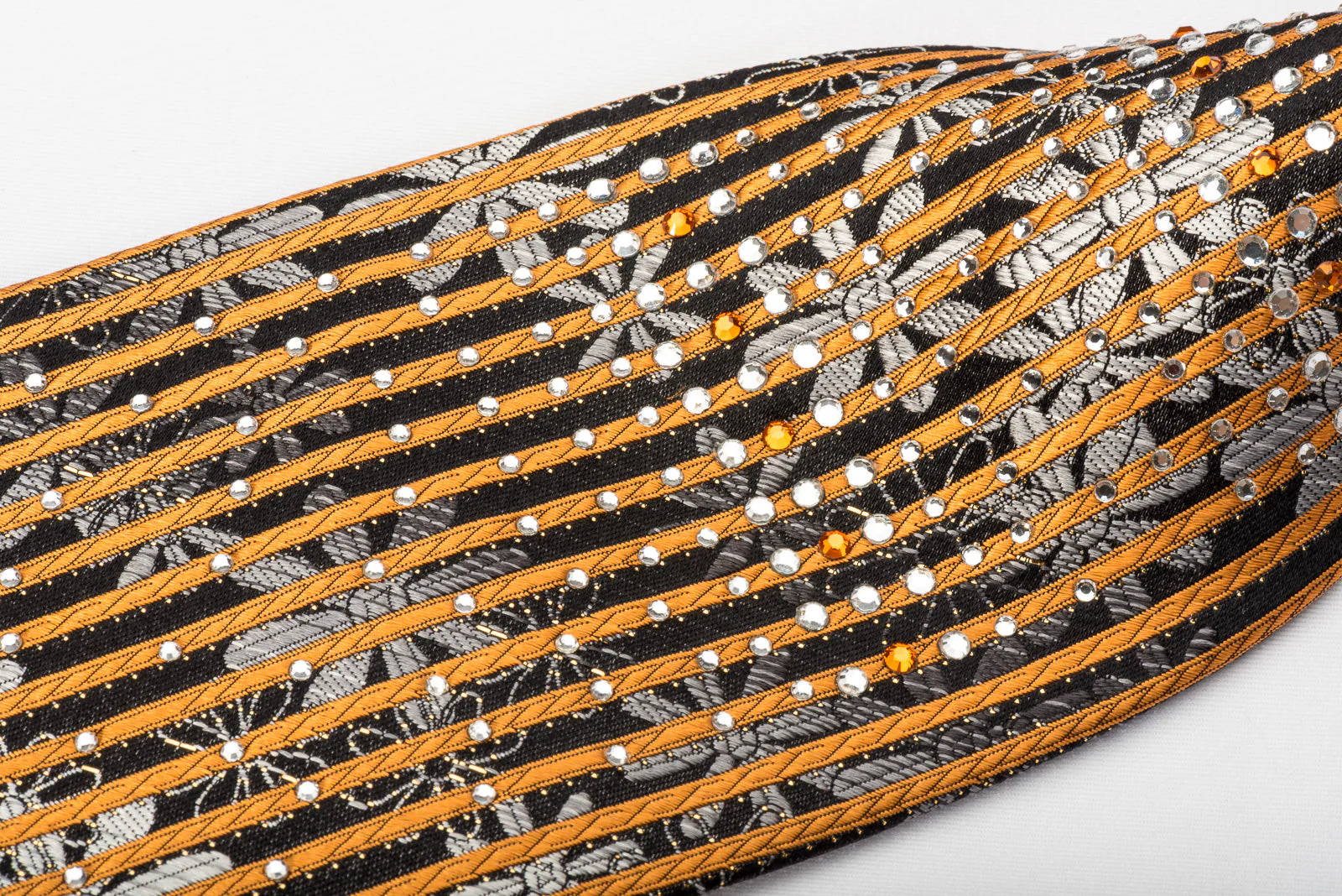Paco Rabanne Silk Rhinestone Necktie Silver Floral Orange Stripes On Black With Silver Sparkles - Image 3