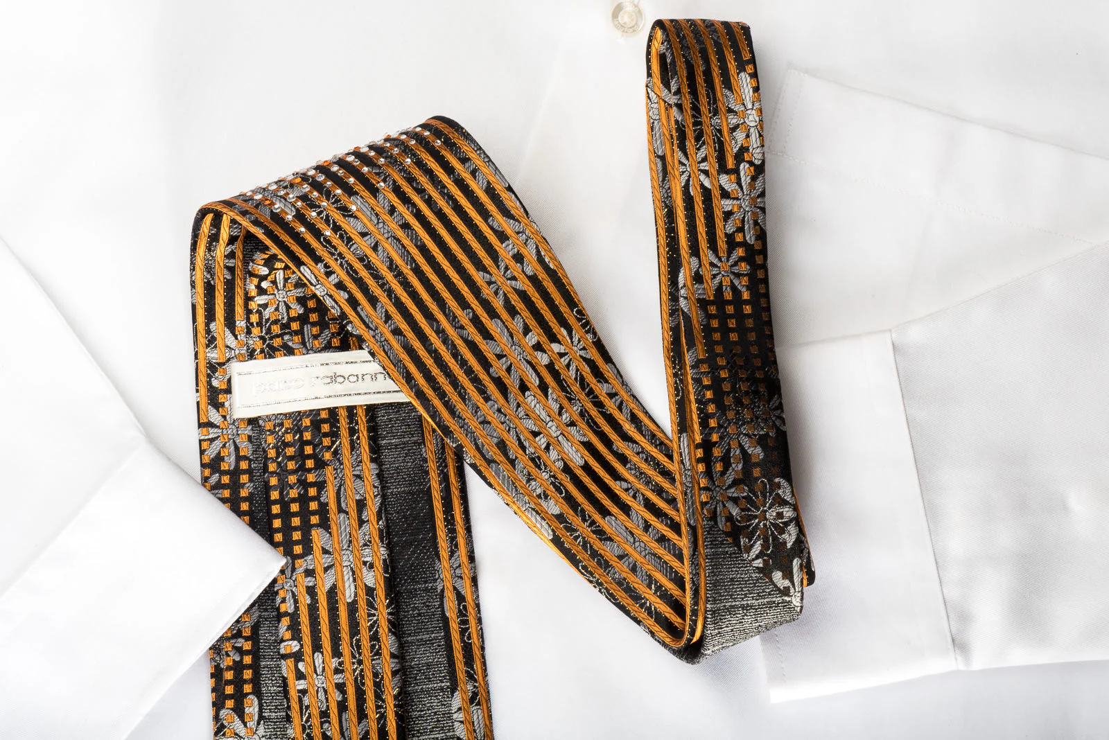 Paco Rabanne Silk Rhinestone Necktie Silver Floral Orange Stripes On Black With Silver Sparkles - Image 7
