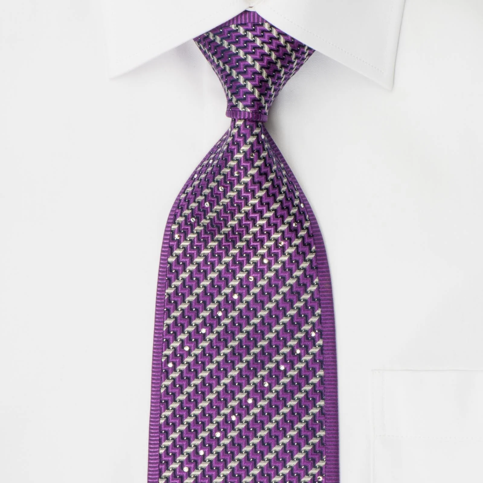 Paco Rabanne Silk Rhinestone Necktie Silver Stripes On Purple With Silver Sparkles - Image 3