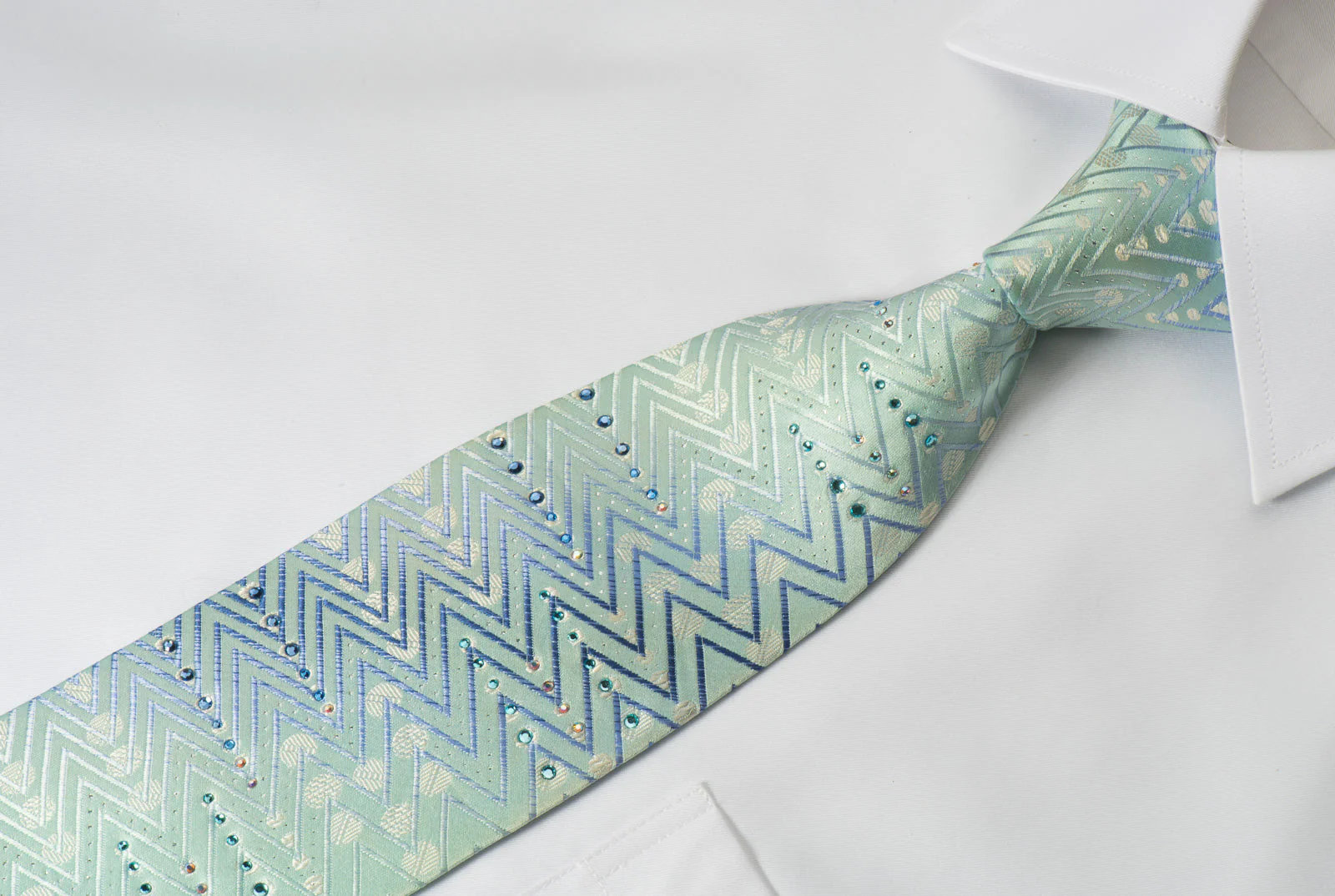 Paco Rabanne Silk Rhinestone Necktie Zigzags On Blue With Silver Sparkles - Image 3