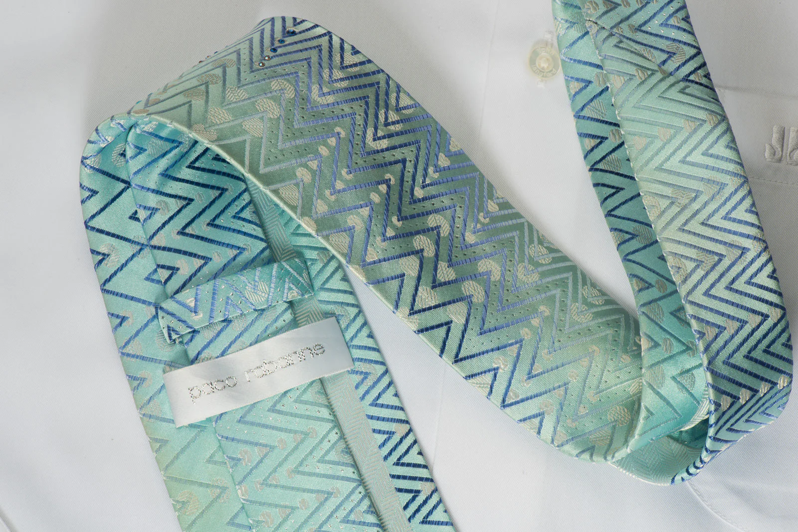 Paco Rabanne Silk Rhinestone Necktie Zigzags On Blue With Silver Sparkles - Image 5